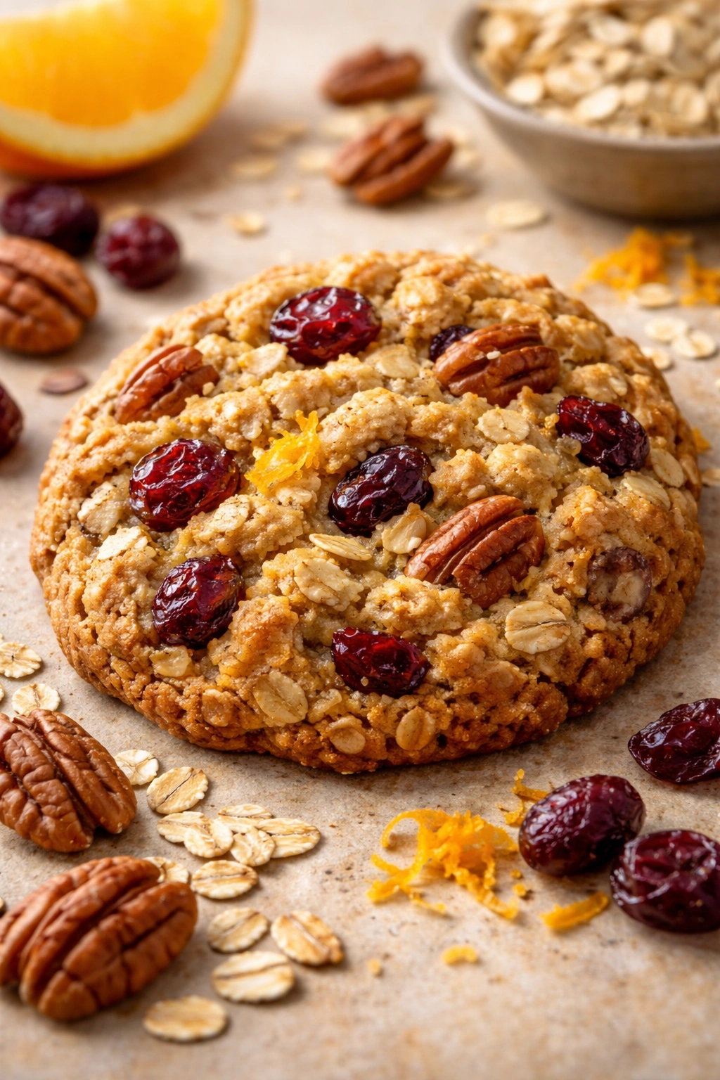 Oatmeal cookie with cranberries and pecans close-up