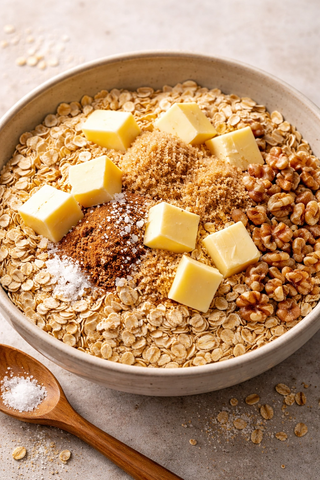 Loose oat topping with butter and brown sugar in a bowl