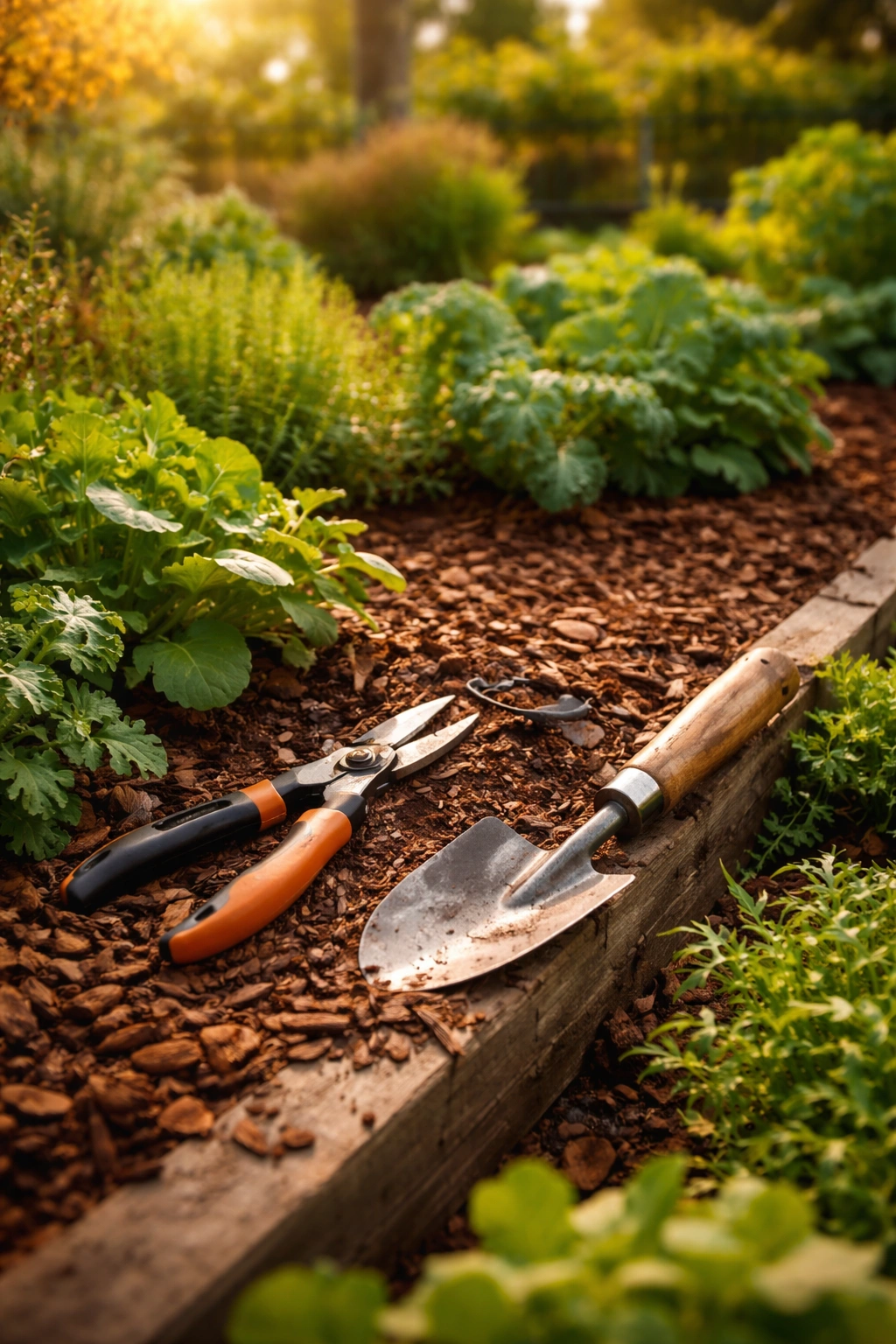 Fall garden maintenance scene with mulch and pruning tools for October