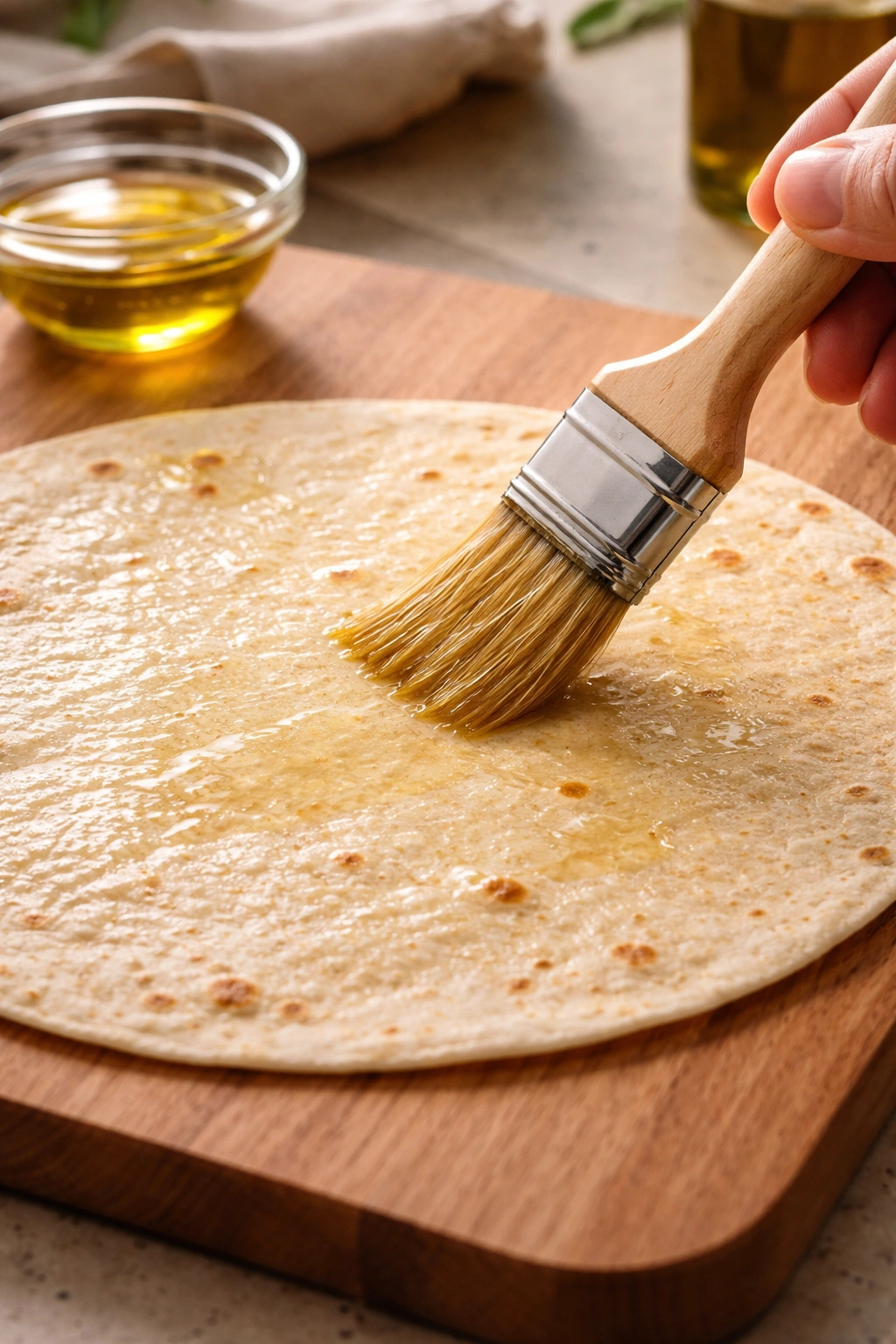 Tortilla being brushed with oil for even distribution