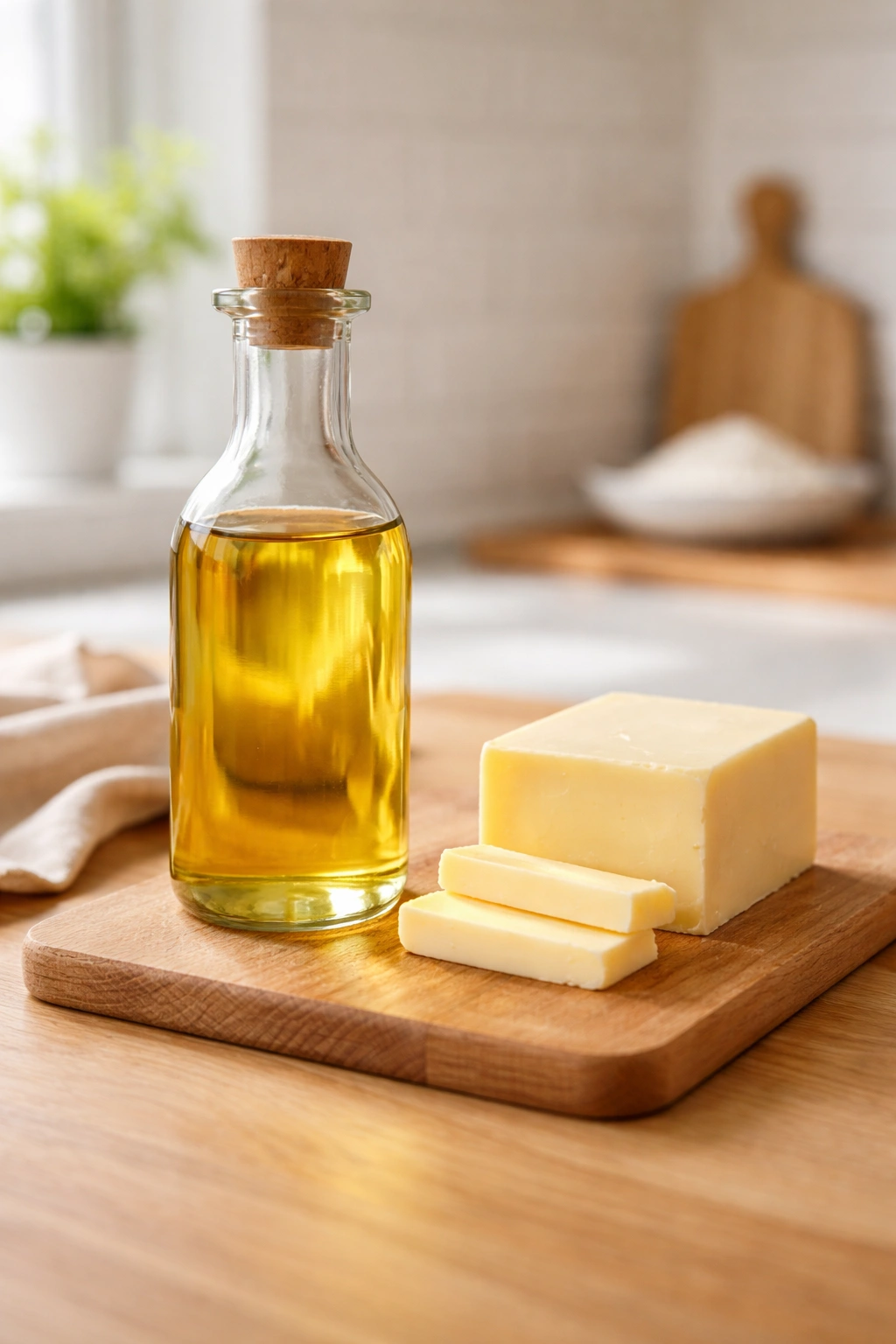 Oil bottle and butter slab on a kitchen counter