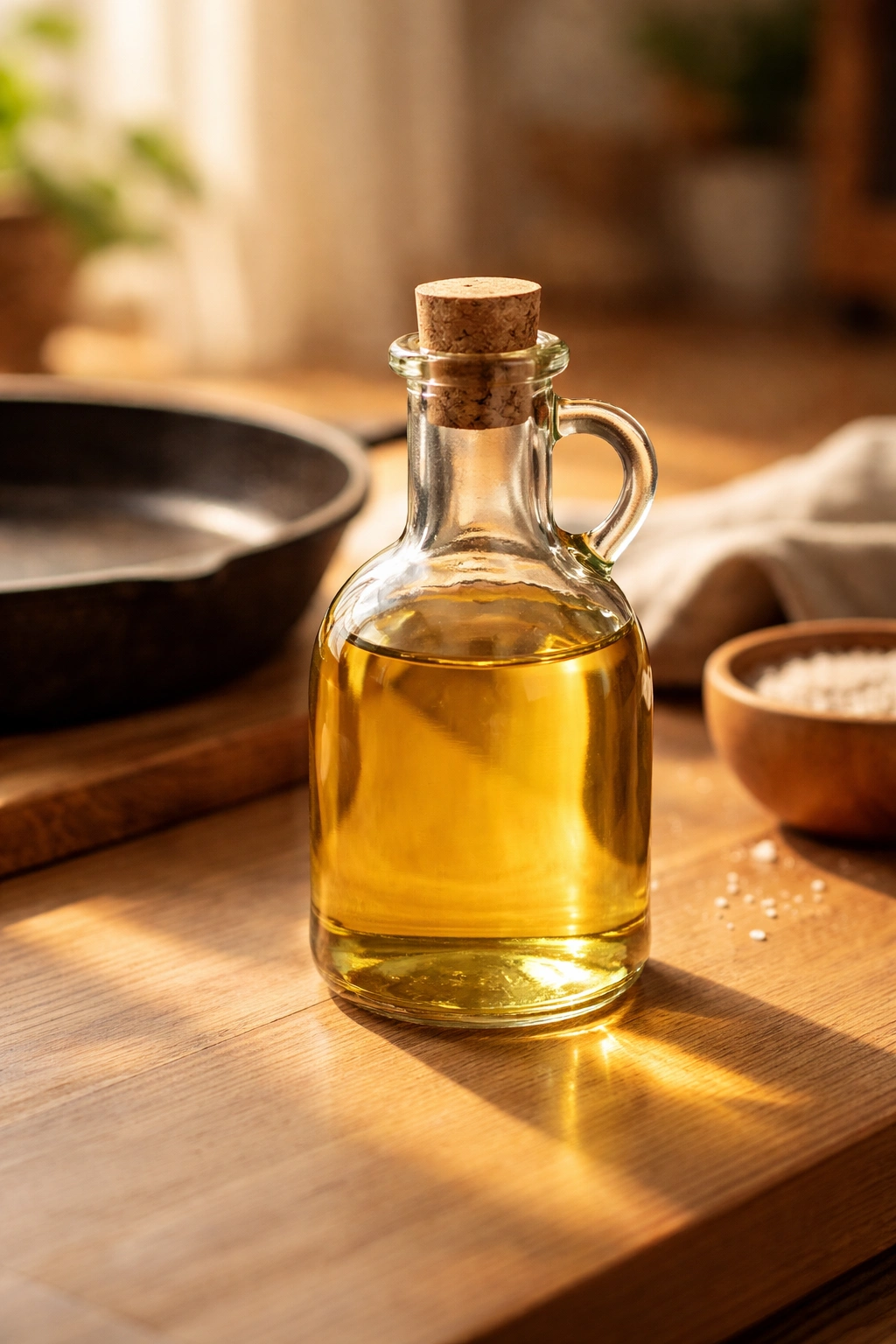 Glass bottle of pale-yellow oil on a wooden surface with warm light