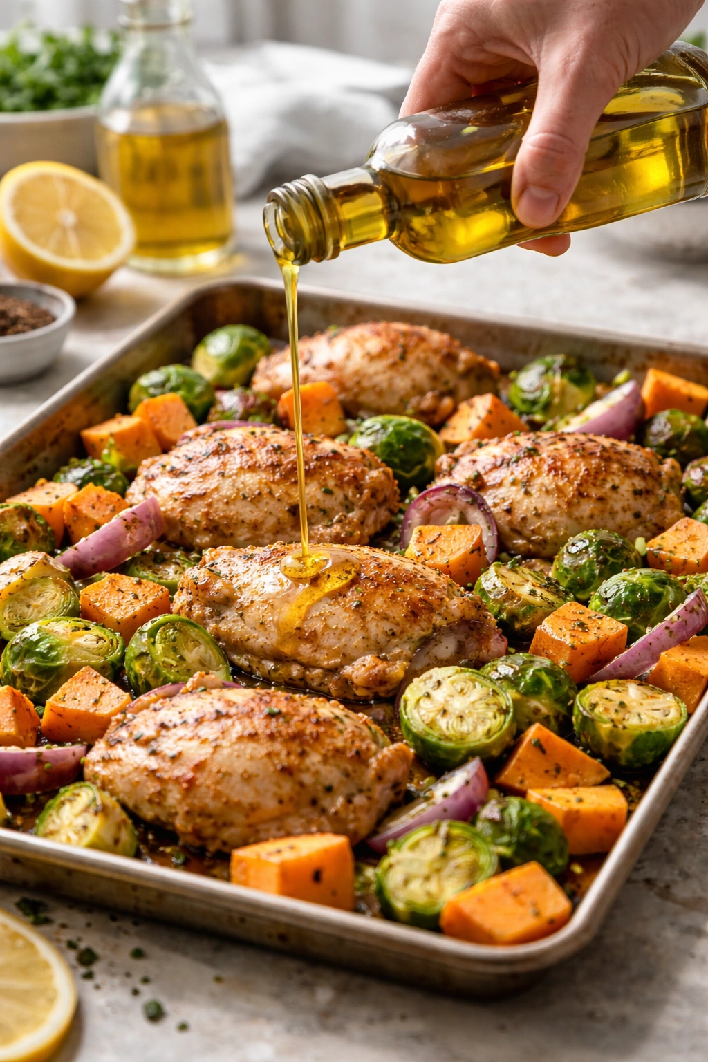 Close-up of olive oil being poured over sheet pan ingredients for better browning