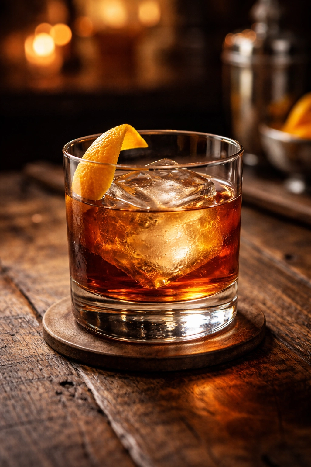 Old Fashioned in a rocks glass with large ice and orange twist