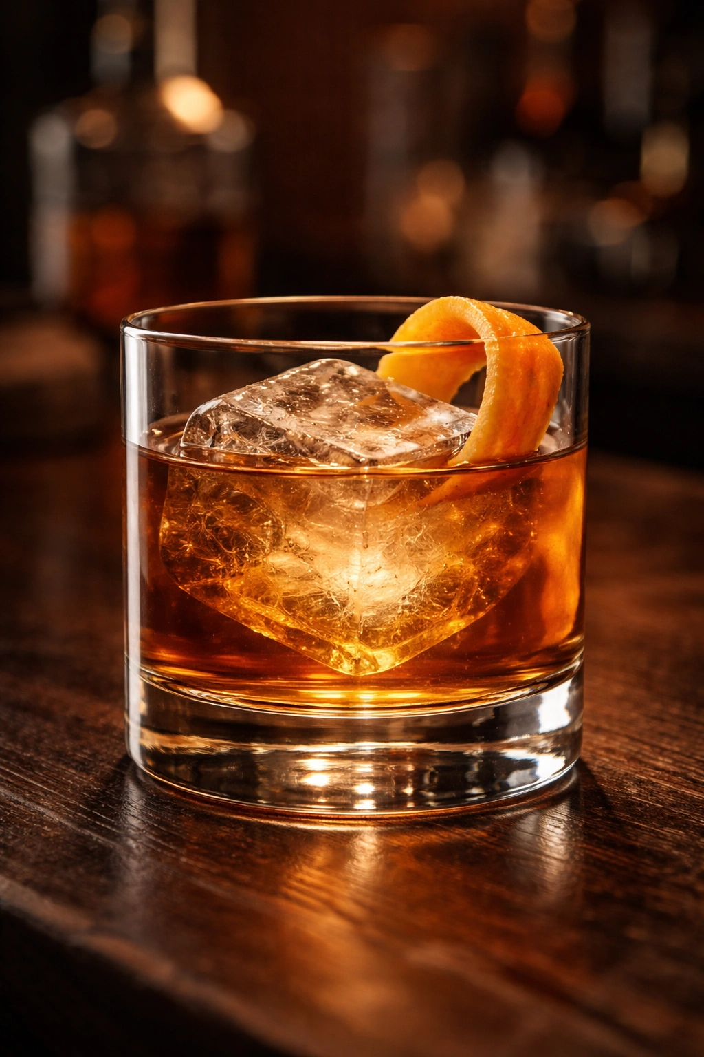 Old Fashioned with ice cube and orange twist in a rocks glass