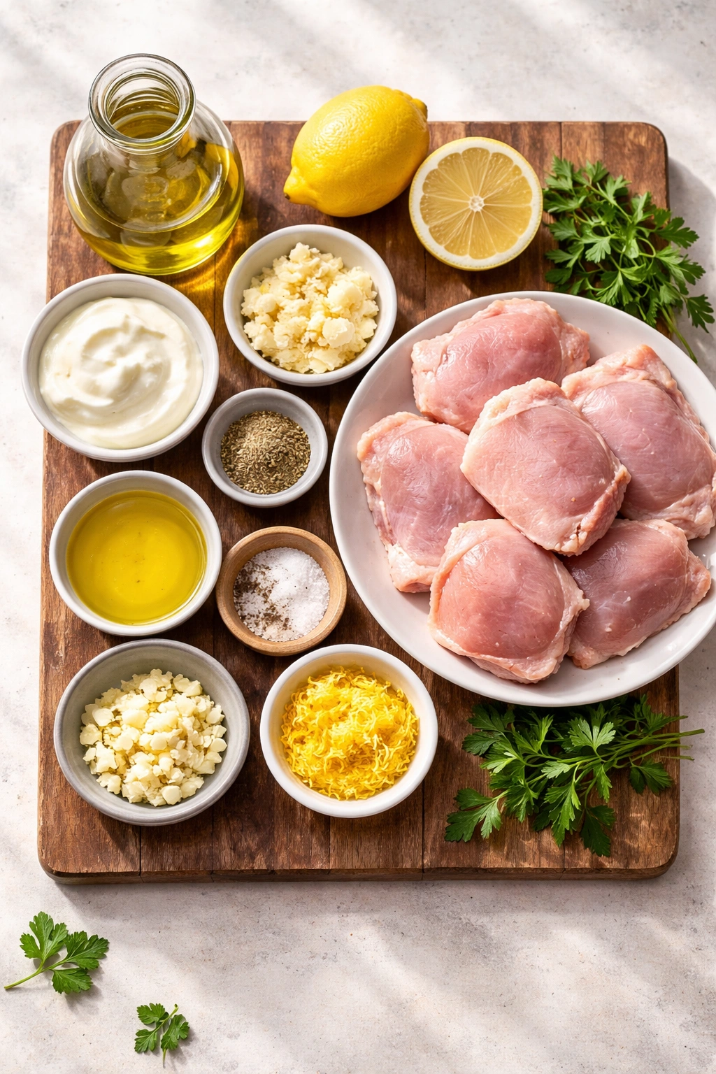 Top-down arrangement of marinade ingredients on wooden board