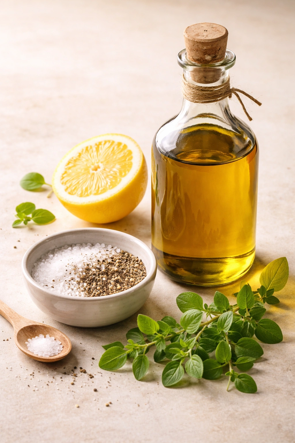 Olive oil bottle, lemon, oregano, and seasoning arranged to illustrate pro tips for Greek salad