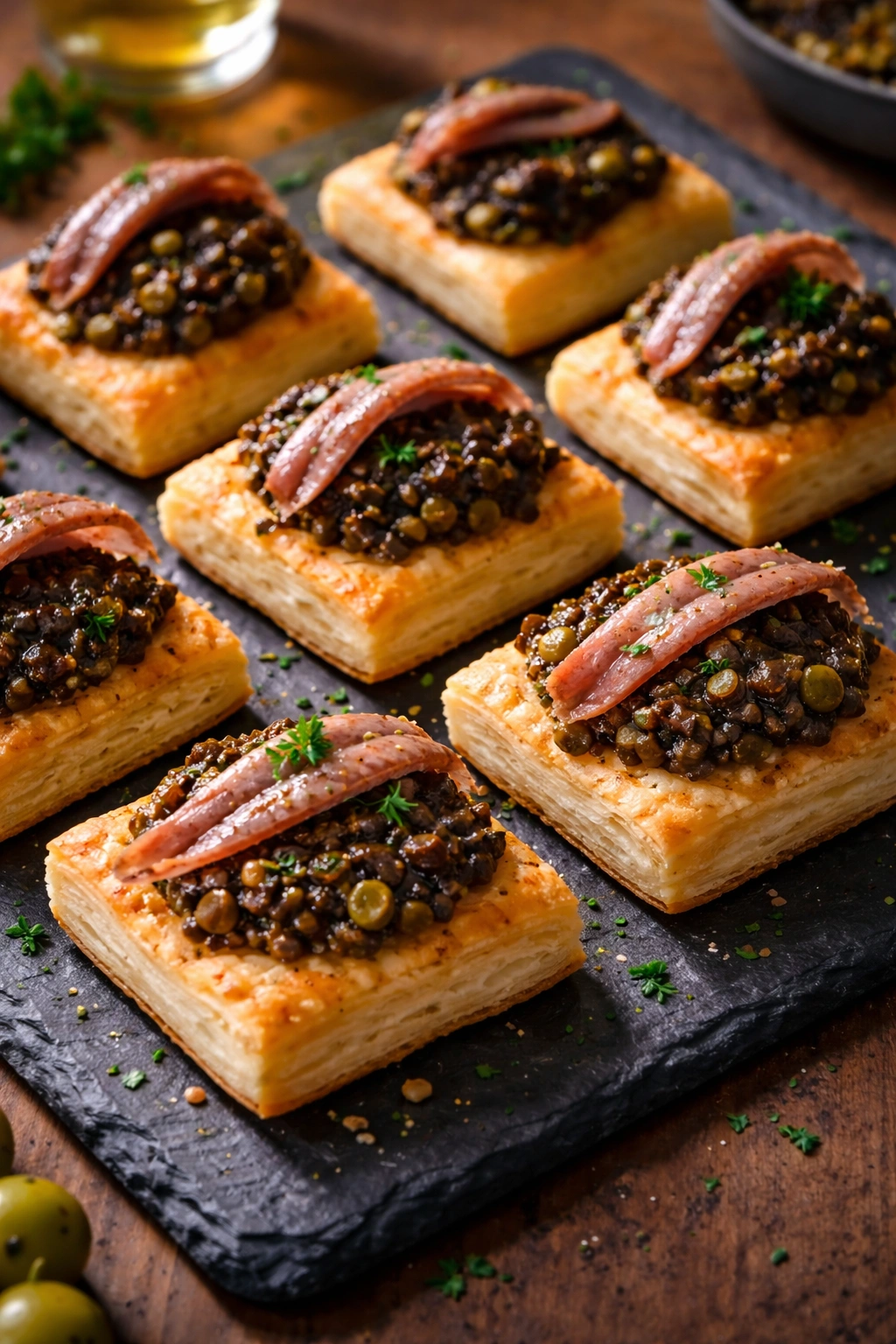 Close-up of olive tapenade and anchovy bites on slate
