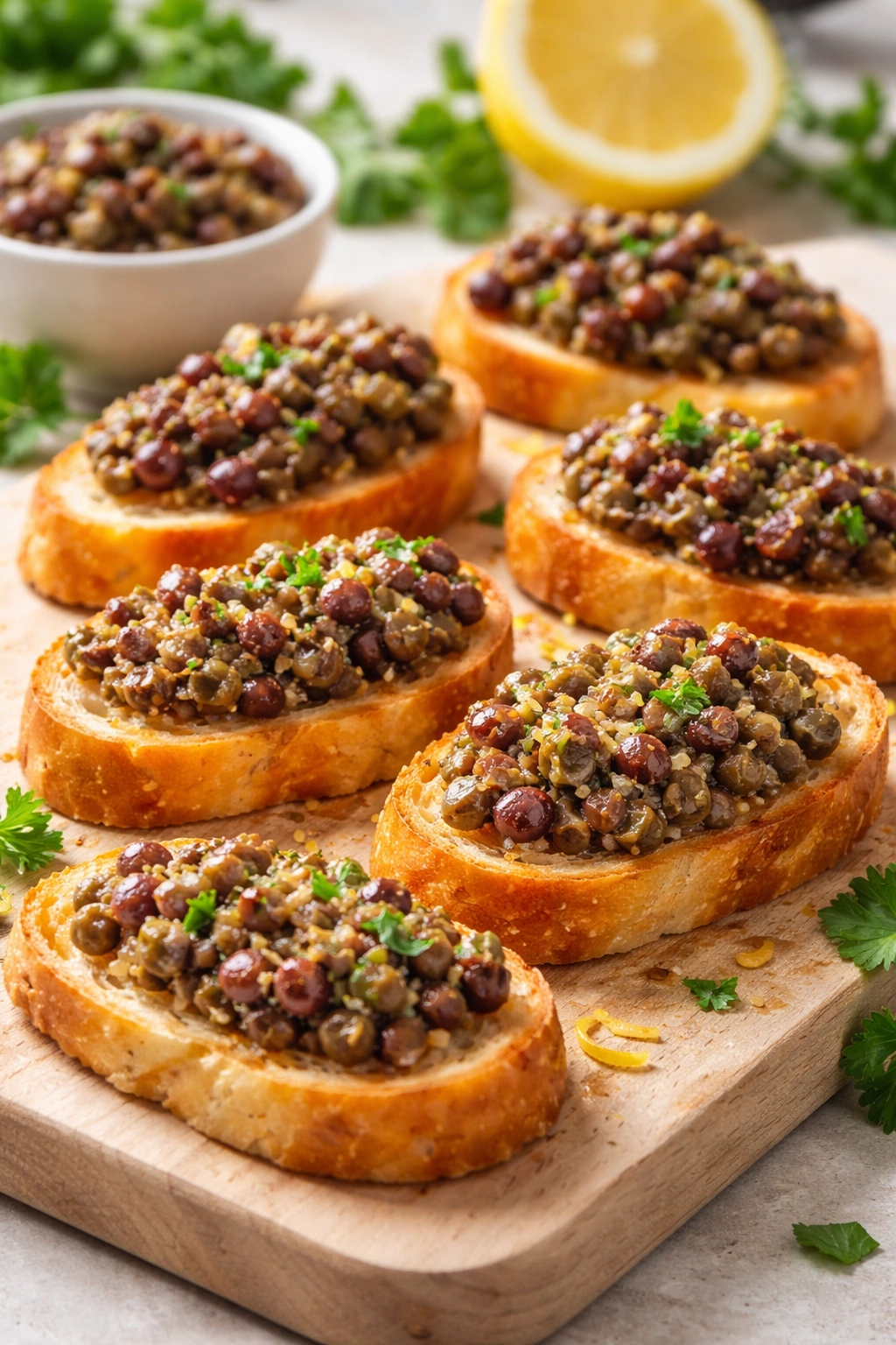 Crostini topped with chunky olive tapenade