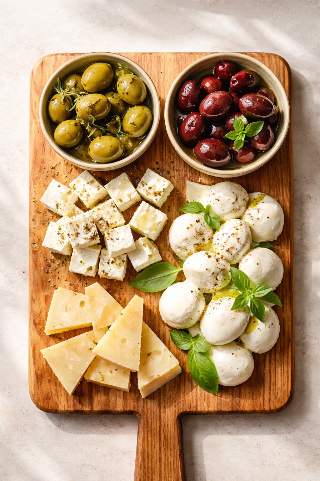 Olives and cheese on a wooden board