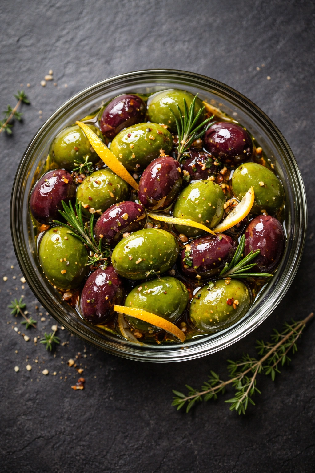 Marinated olives with herbs and citrus in a bowl