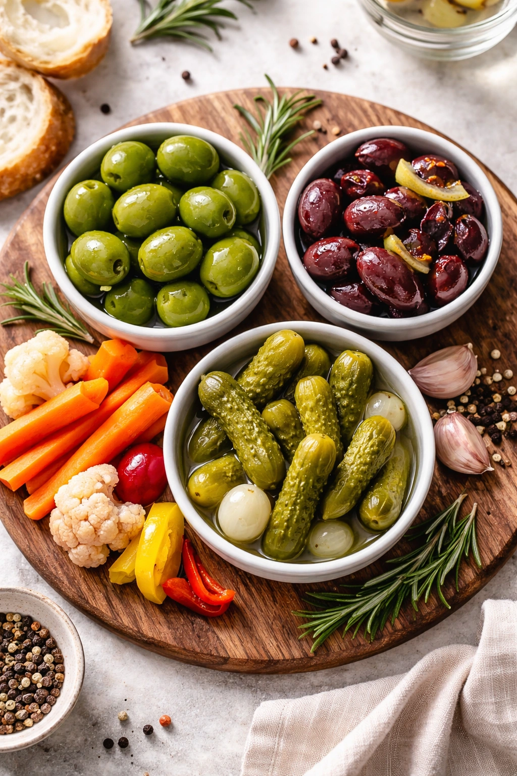 Olives and cornichons in bowls on a wooden board