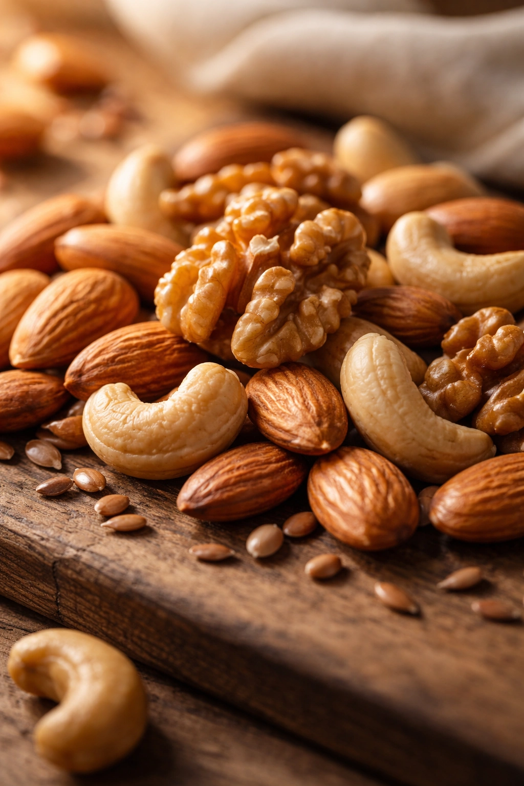 Close-up of nuts showing omega-3s and minerals for mood.