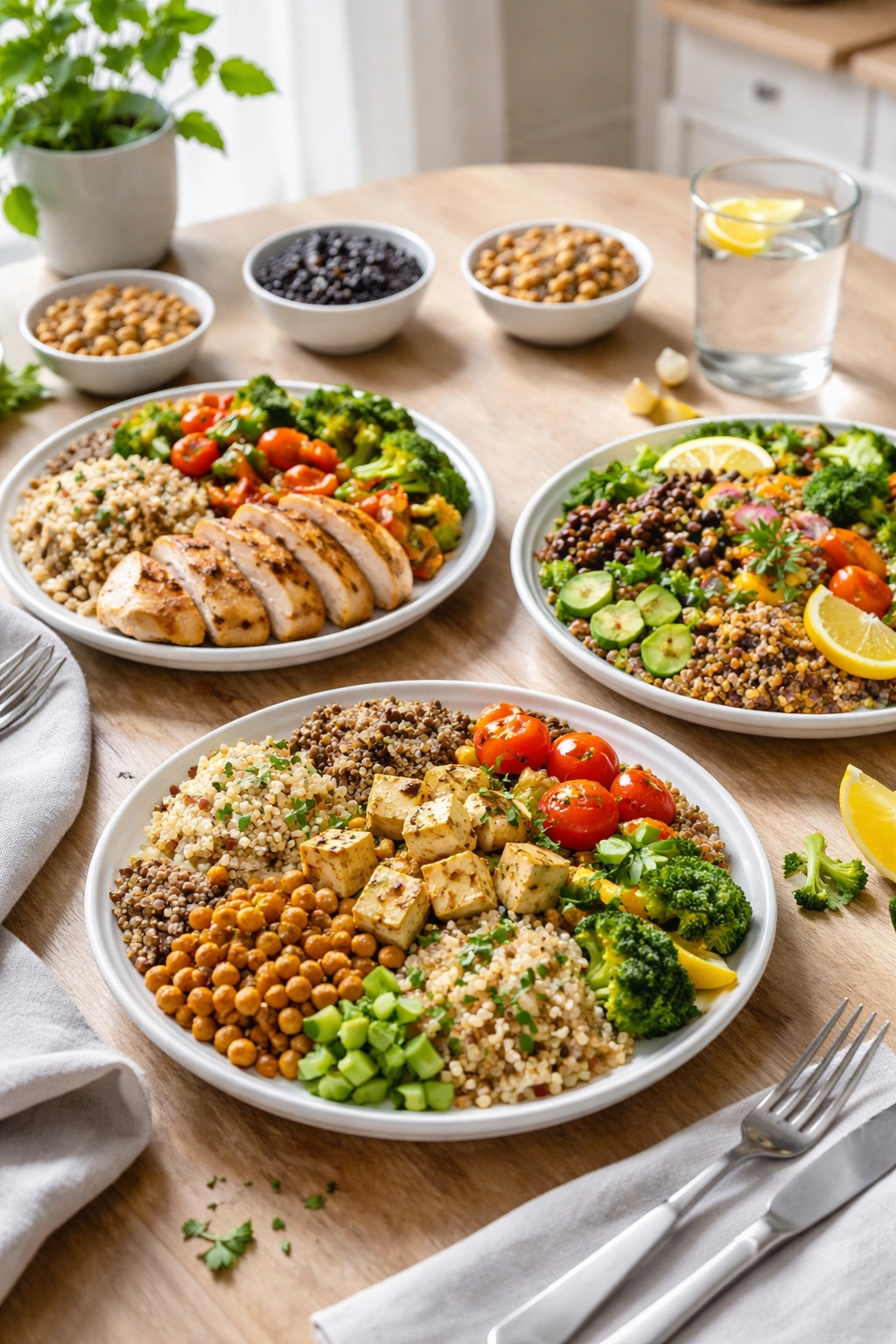 Three plates showing low-calorie dinners for omnivore, vegetarian, and vegan diets on a wood table, emphasizing satiety