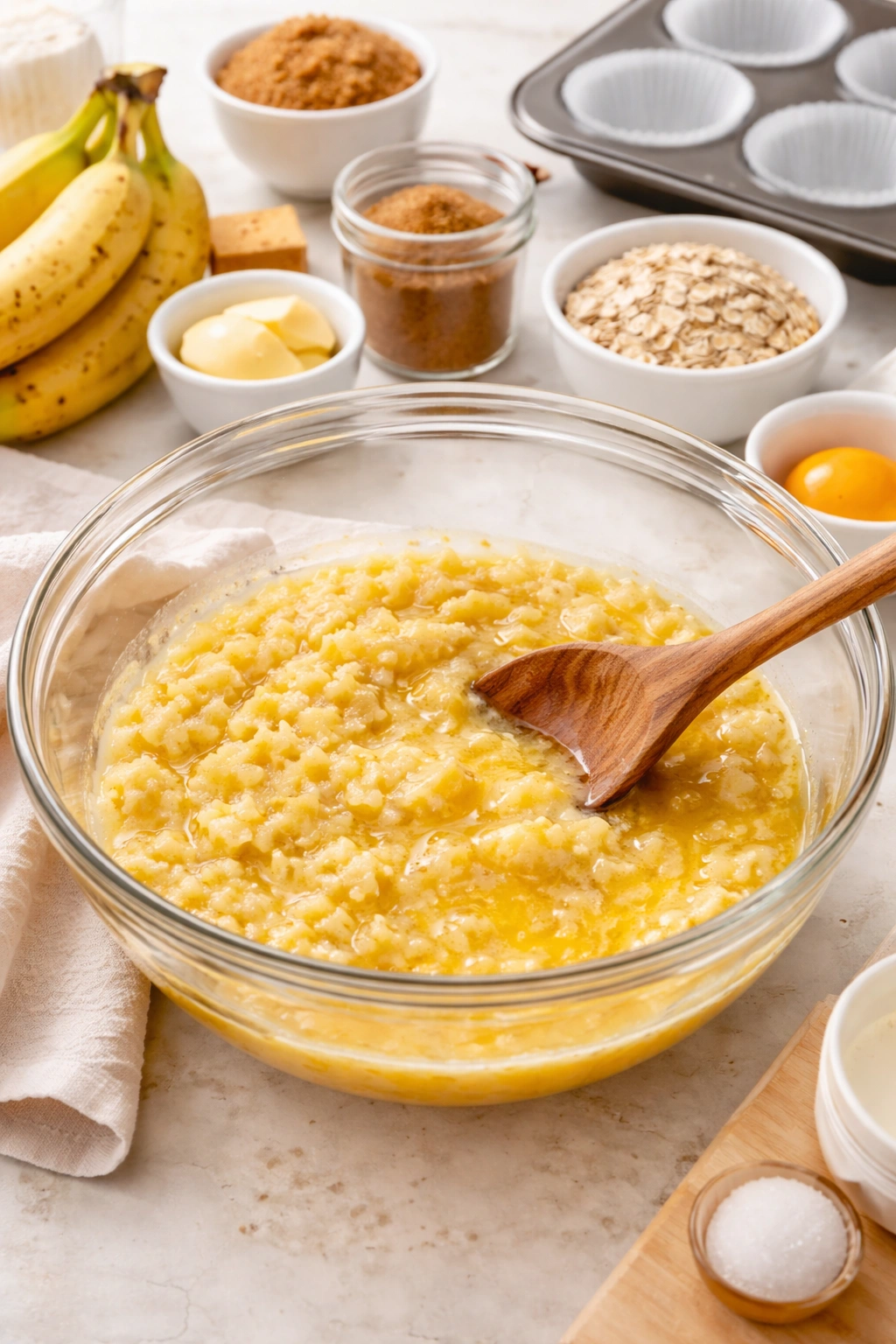 Mashed ripe bananas and melted butter in a bowl for quick muffin batter