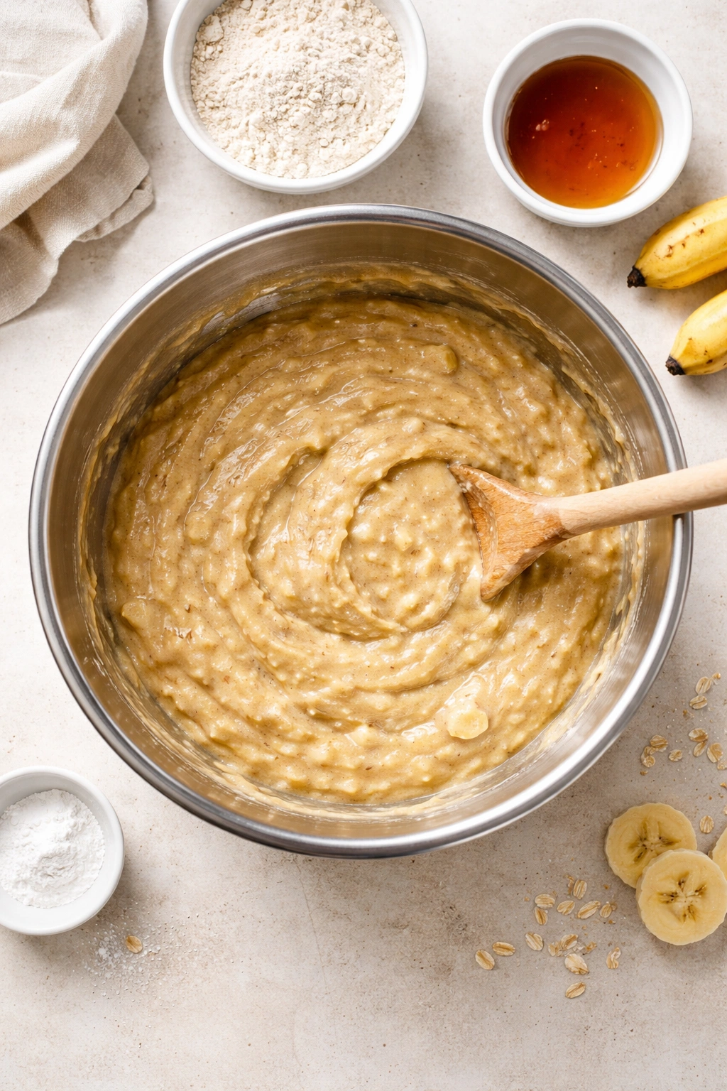 Single bowl with banana batter ready to mix