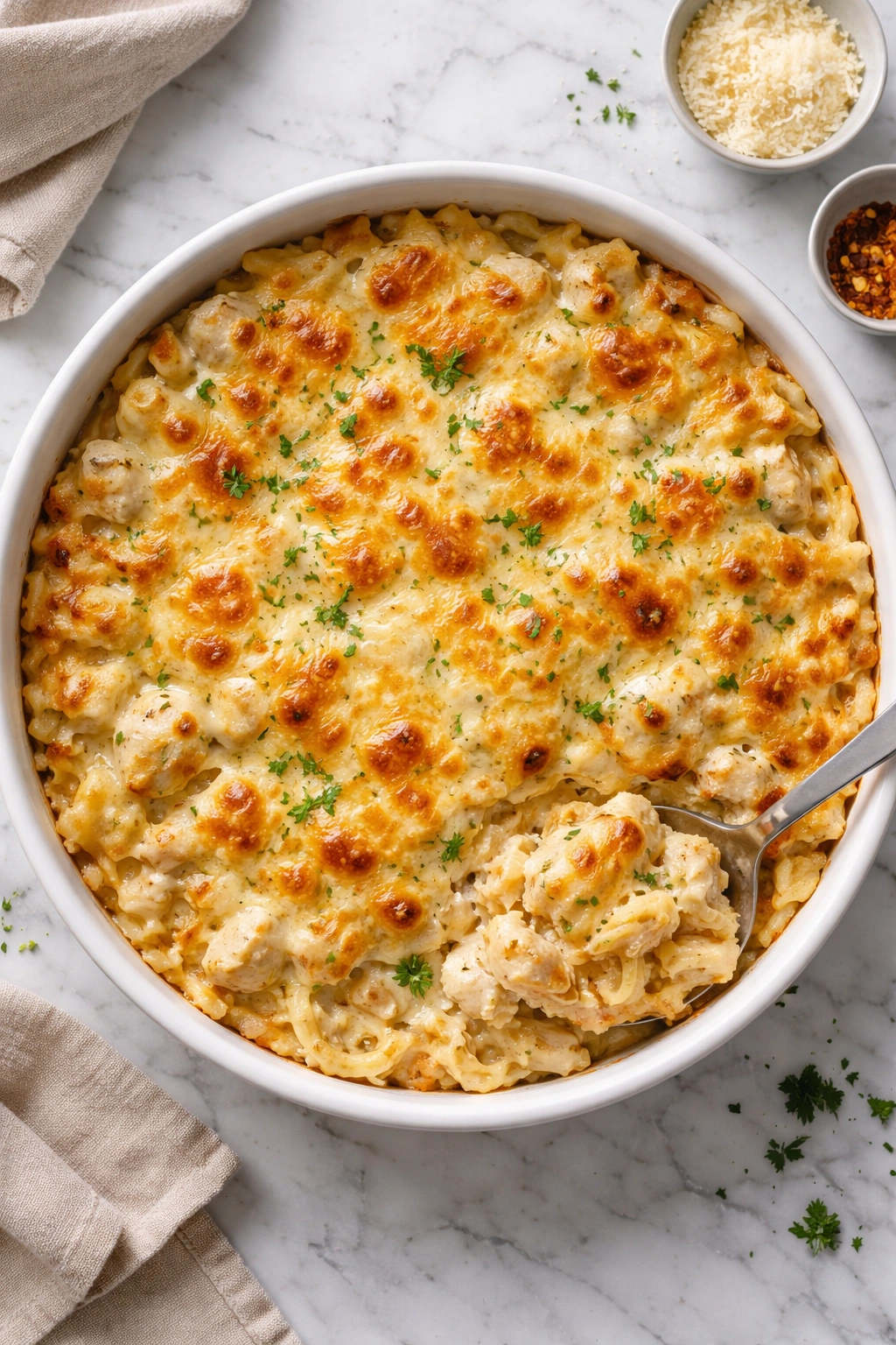 Round baking dish of creamy chicken Alfredo bake with golden cheese topping on marble countertop
