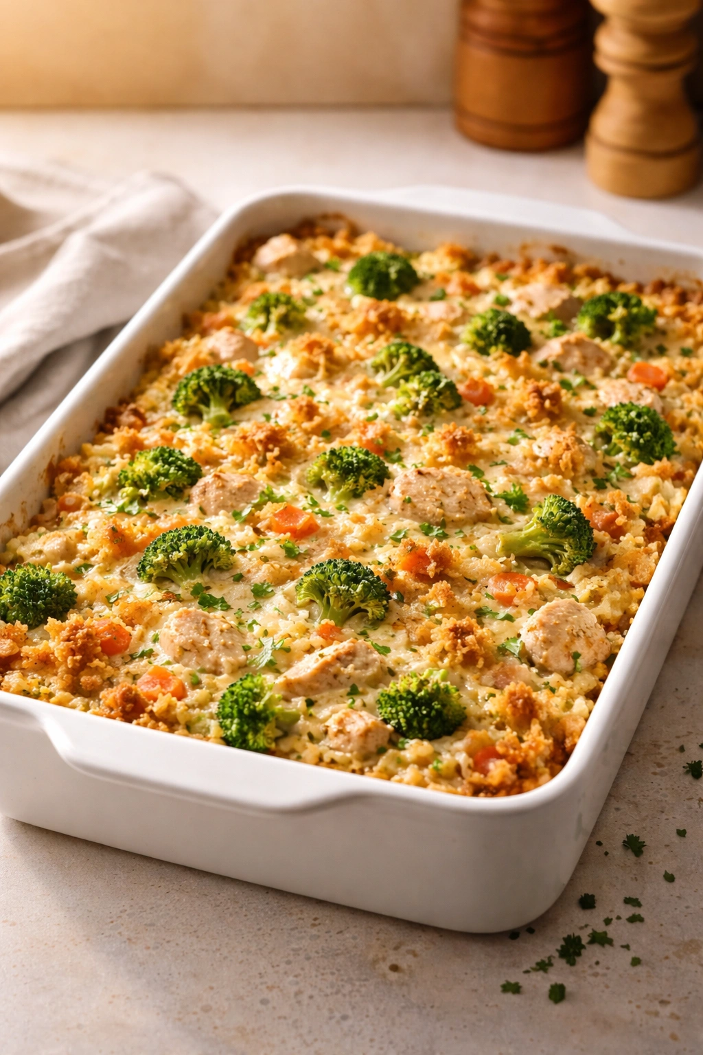 One-dish casserole on a clean counter illustrating simple weeknight dinner