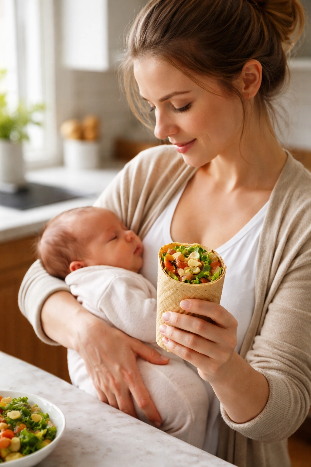 New parent holding baby with one arm while eating a handheld meal with the other