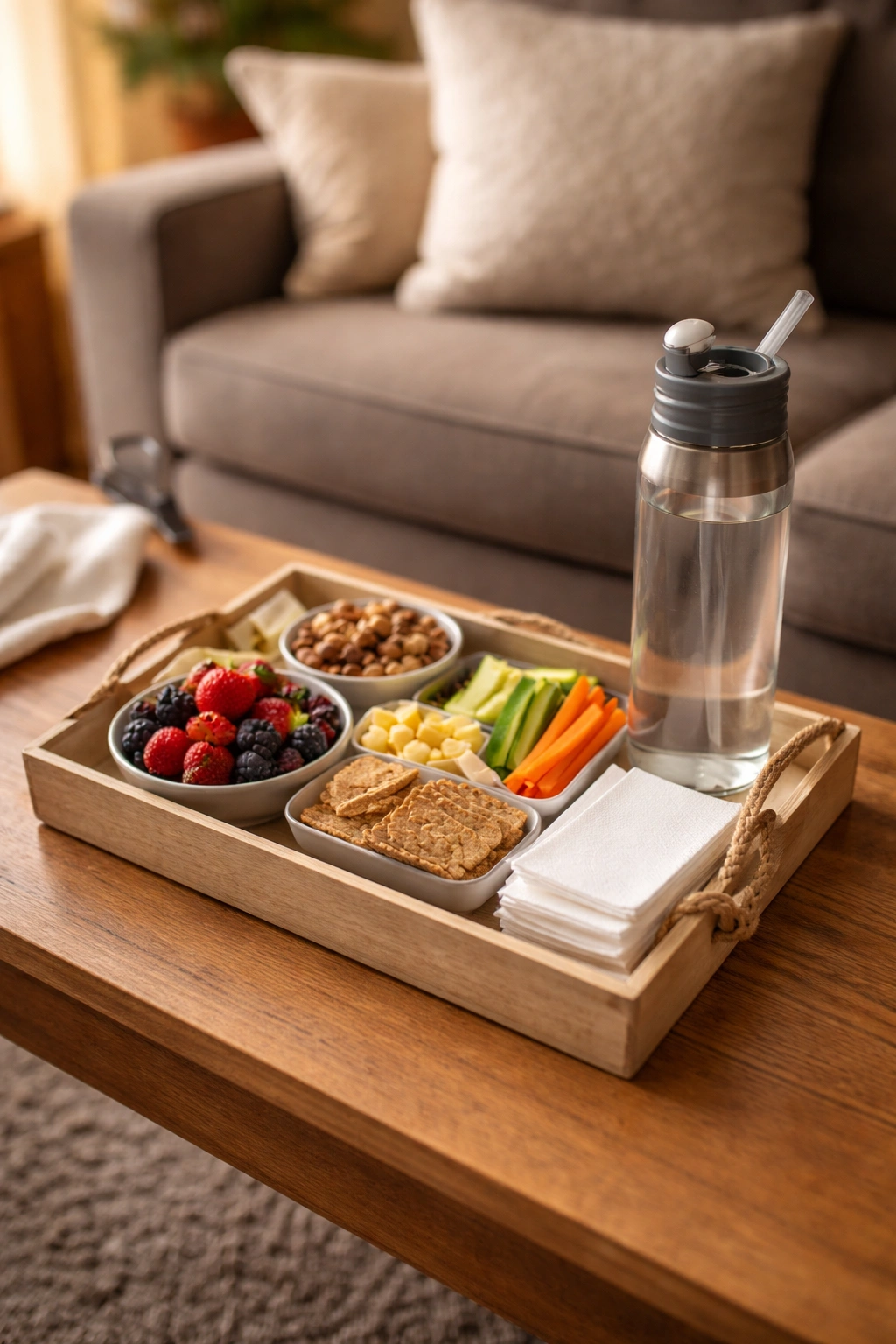 One-handed snack station on a coffee table with water bottle and napkins beside a couch