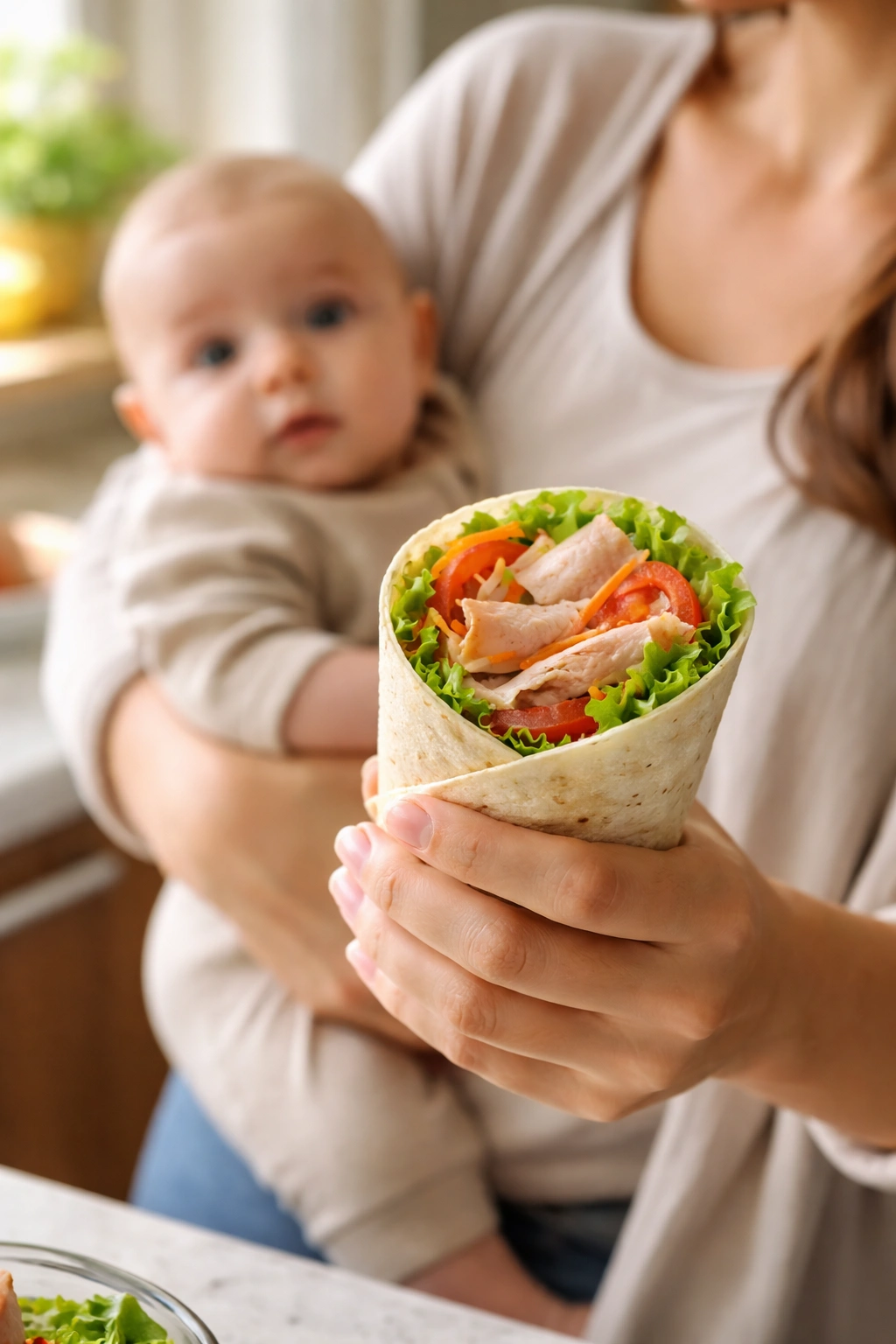 Hand holding a tortilla wrap with a baby in background