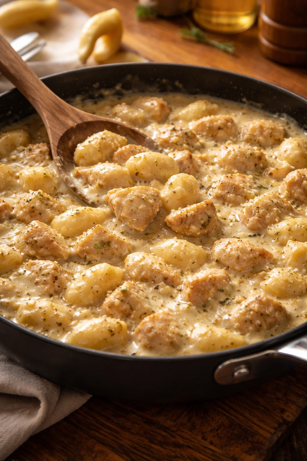 Skillet with chicken and gnocchi in creamy sauce, showcasing texture and browning