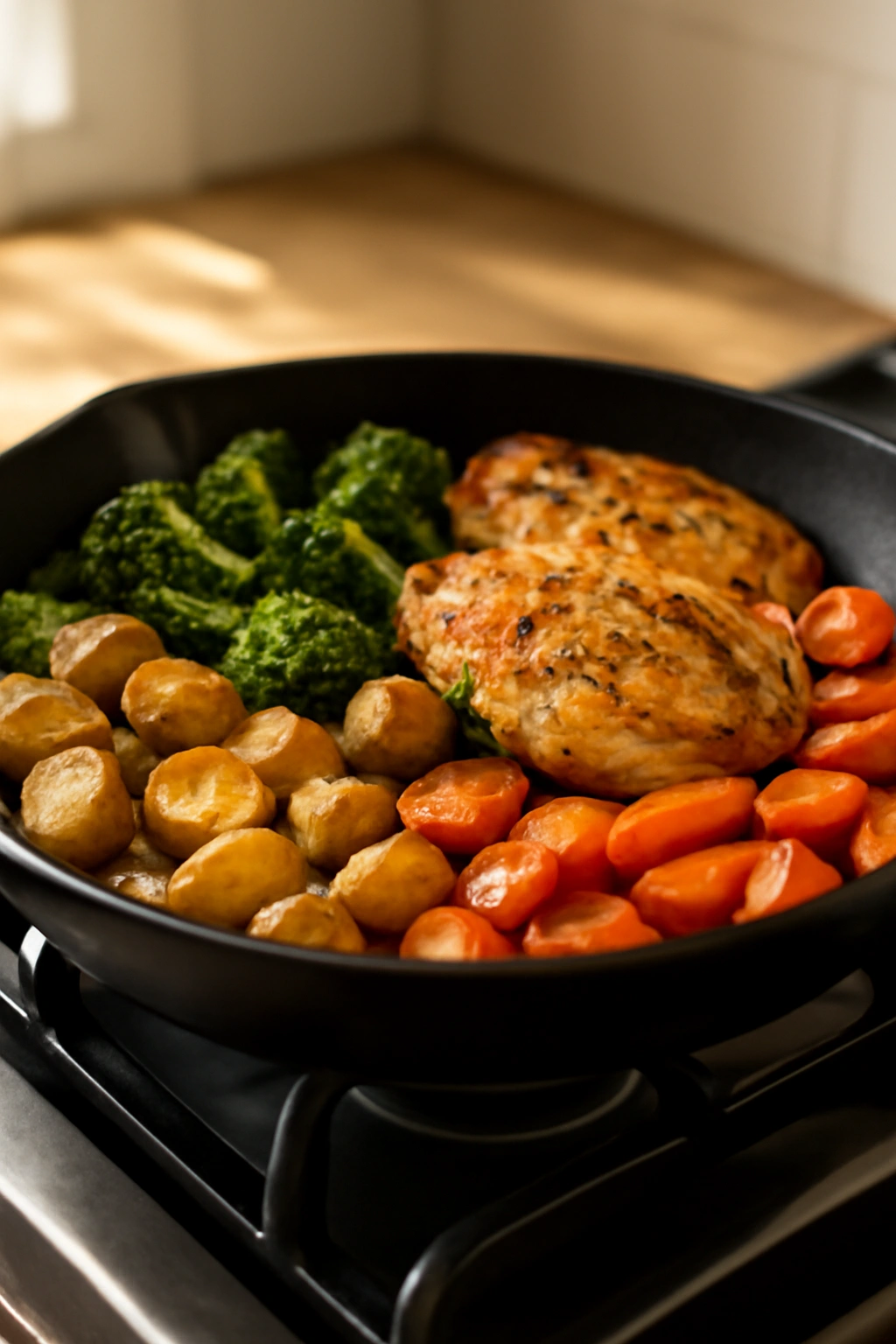 Close-up of a one-pan meal with protein and vegetables cooked together