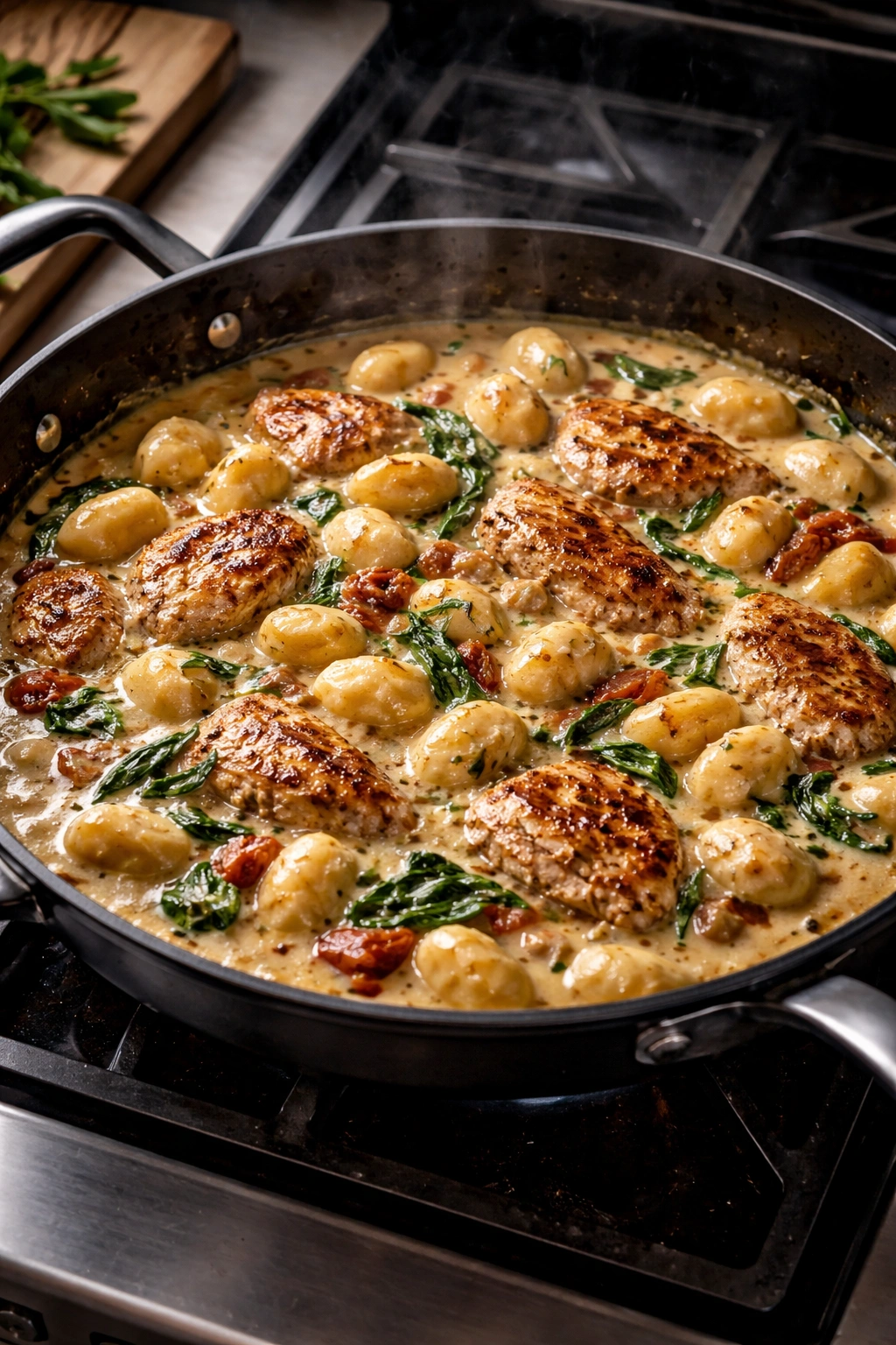 Skillet scene showing one-pan cooking with chicken and gnocchi in sauce