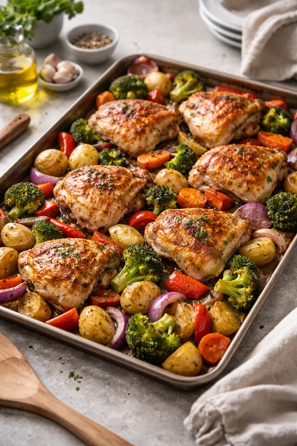 One-pan chicken and vegetables dinner on a sheet pan