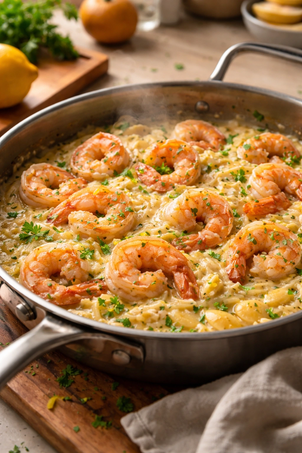 Close-up of shrimp and orzo in a creamy broth in a skillet