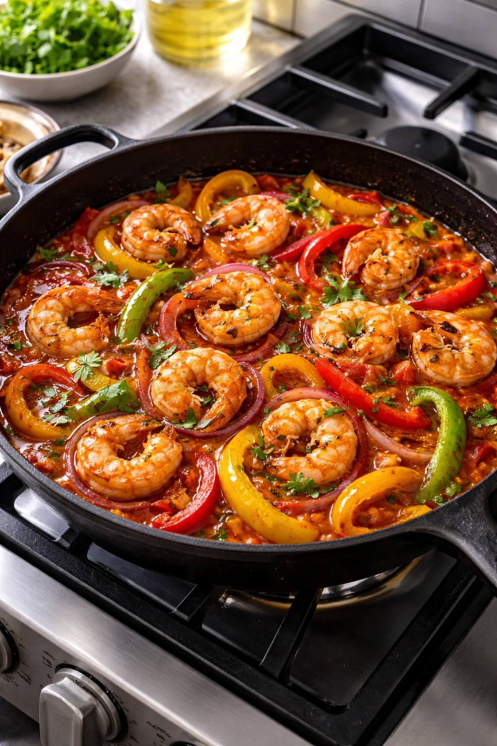 Skillet with peppers, onions, and shrimp in tomato butter sauce on the stove.