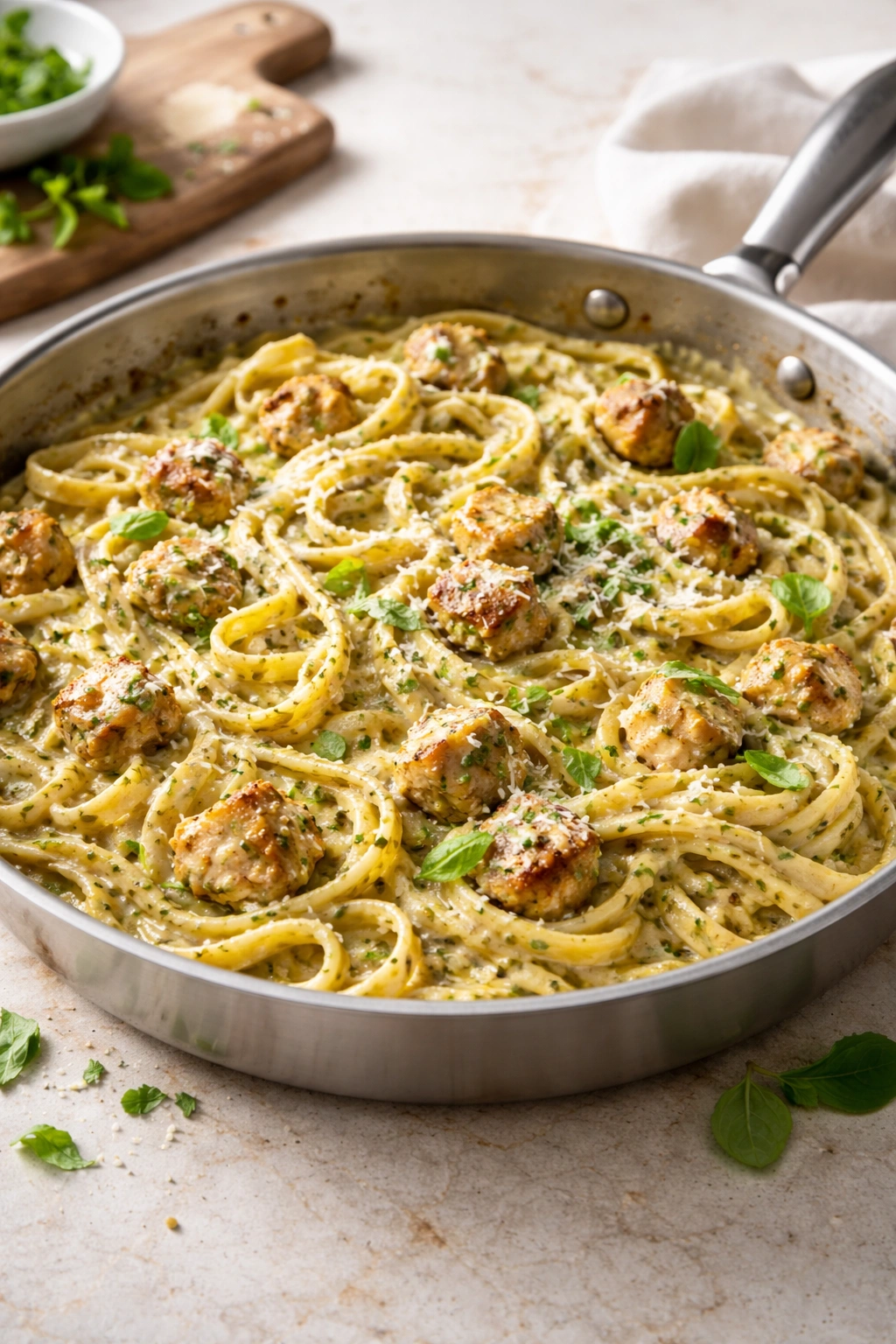 Broad pan of creamy pasta with emulsified sauce on noodles