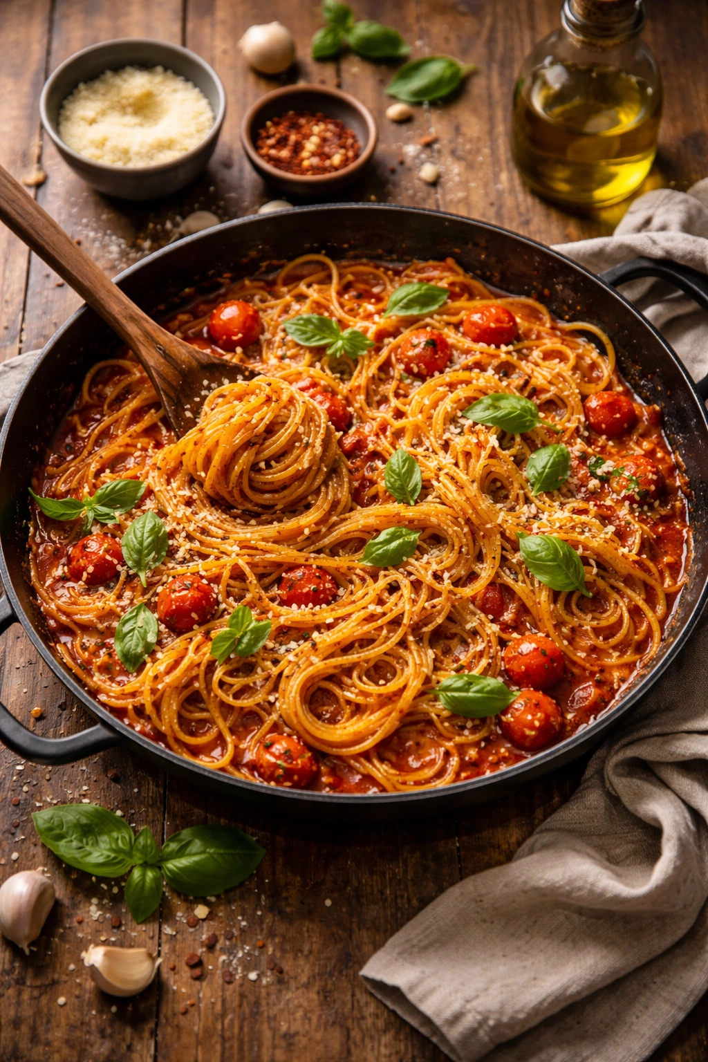 One-pan pasta dish with glossy sauce in a skillet