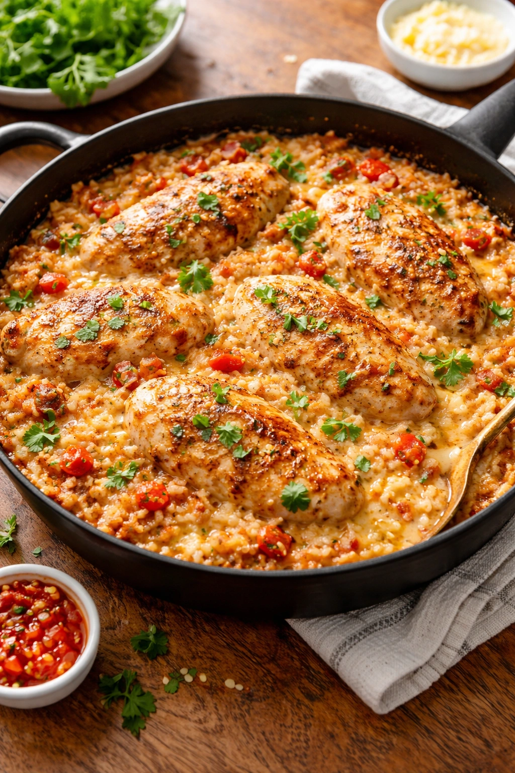 One-Pan Queso Chicken and Rice shown in a deep skillet with chicken, rice, and queso sauce