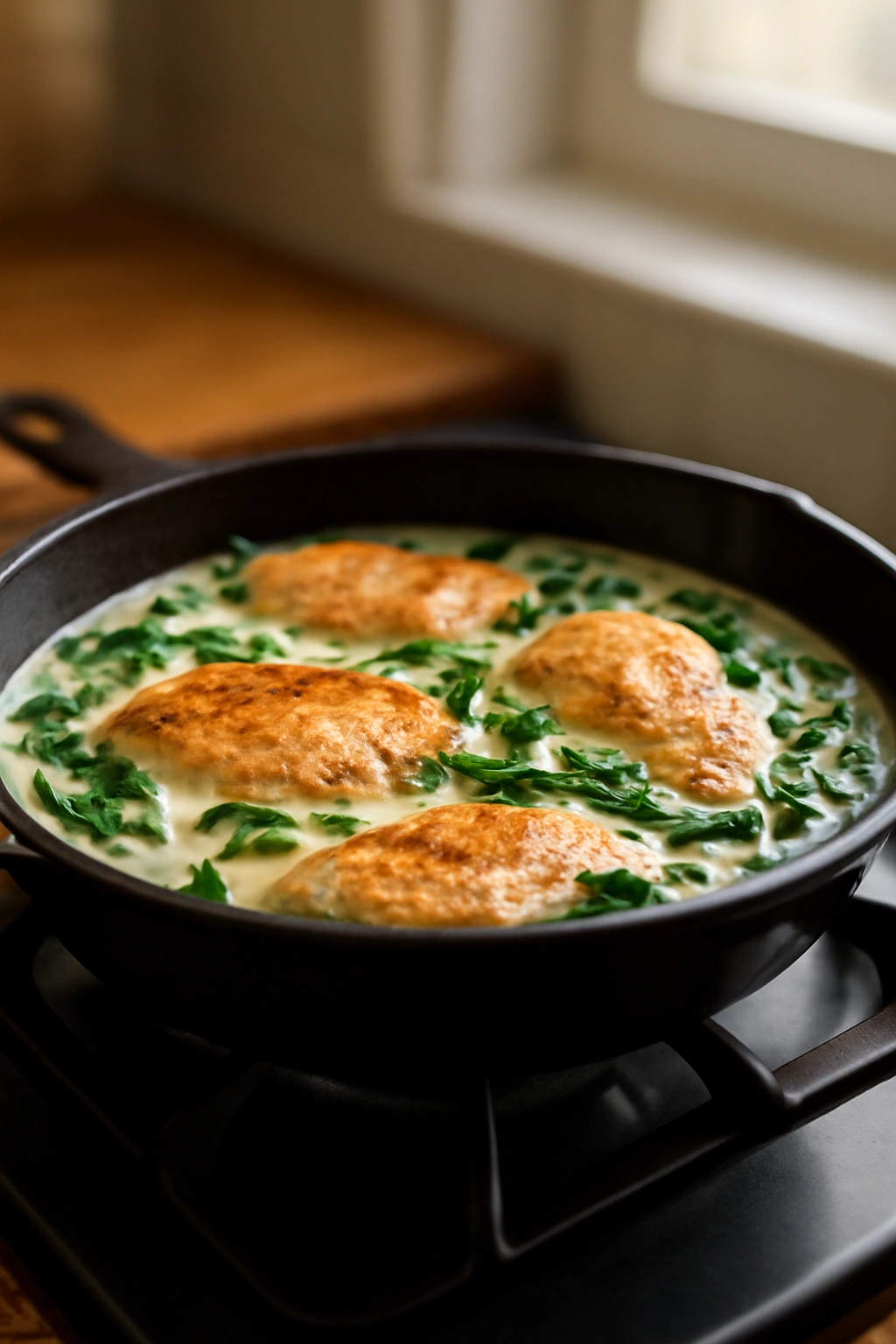 Skillet with chicken and spinach in cream sauce, one-pan dinner setup