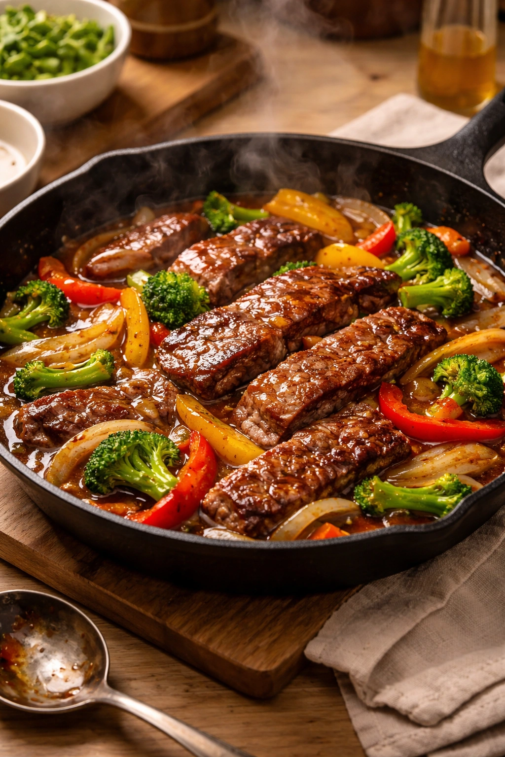 Sizzling one-pan steak stir-fry with seared steak and vibrant vegetables in a cast-iron skillet