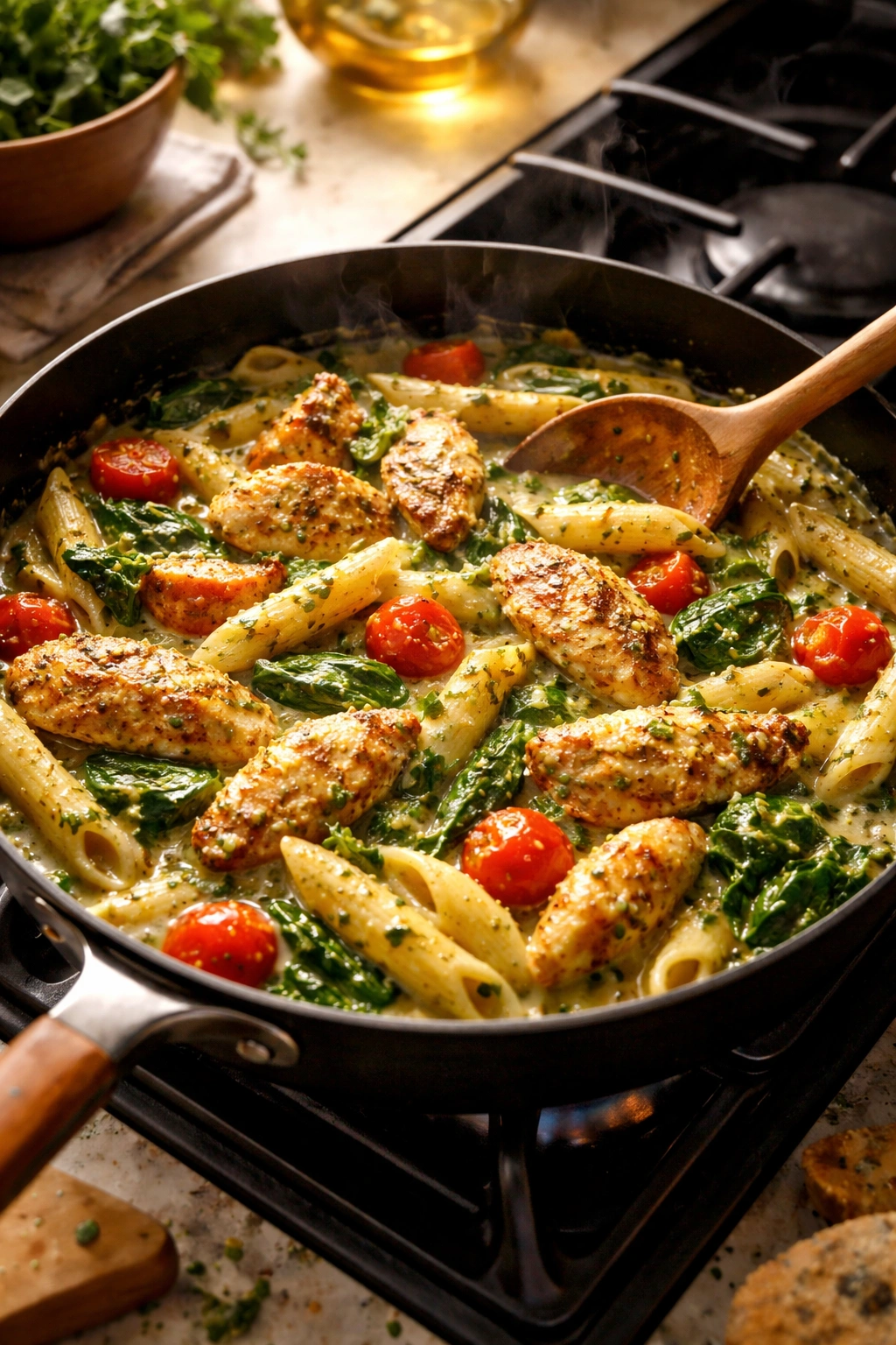 Close-up of a skillet browning chicken with butter, garlic, and tomatoes in fond.
