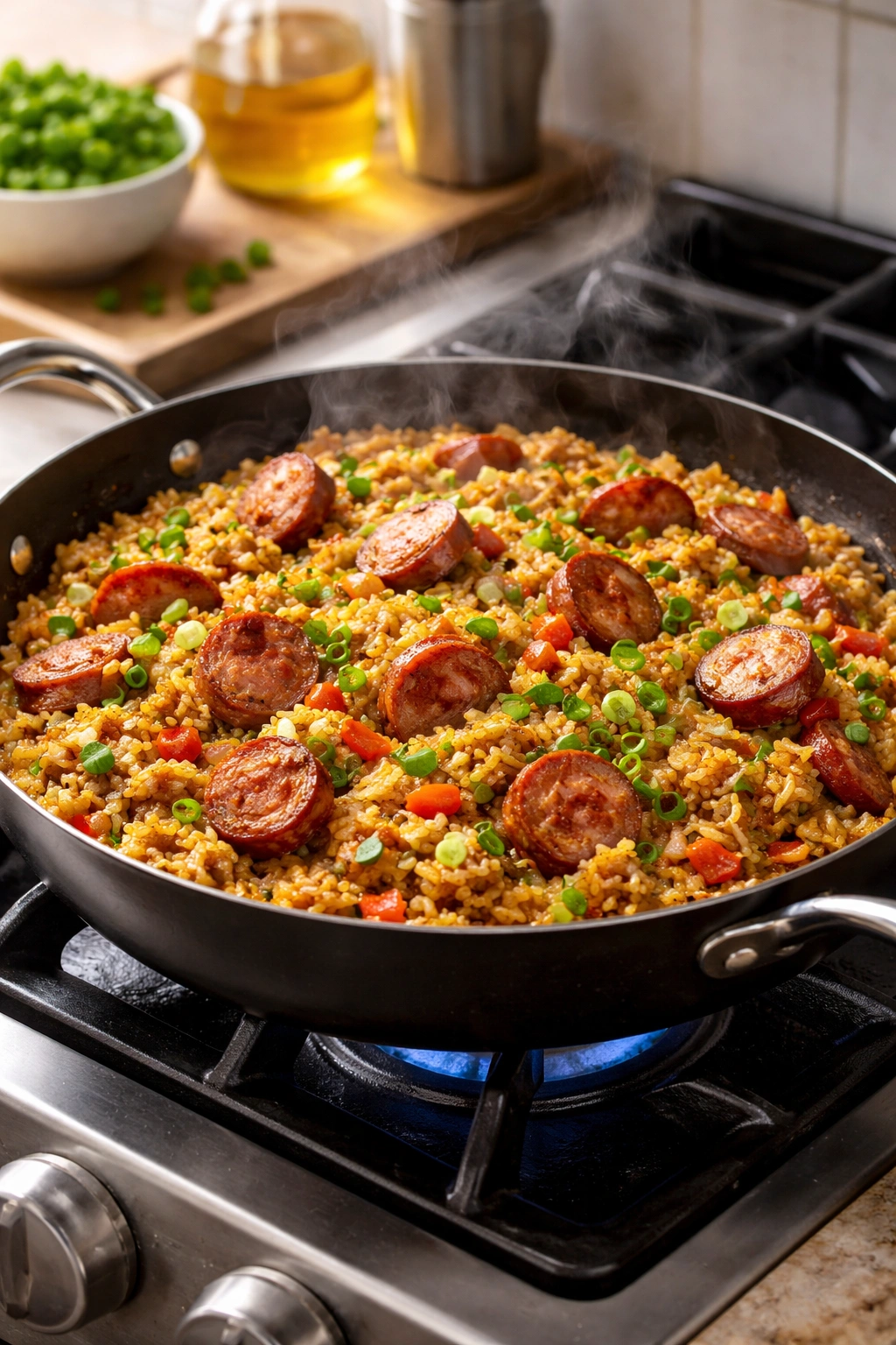 Skillet on stove with Cajun rice and sausage steaming