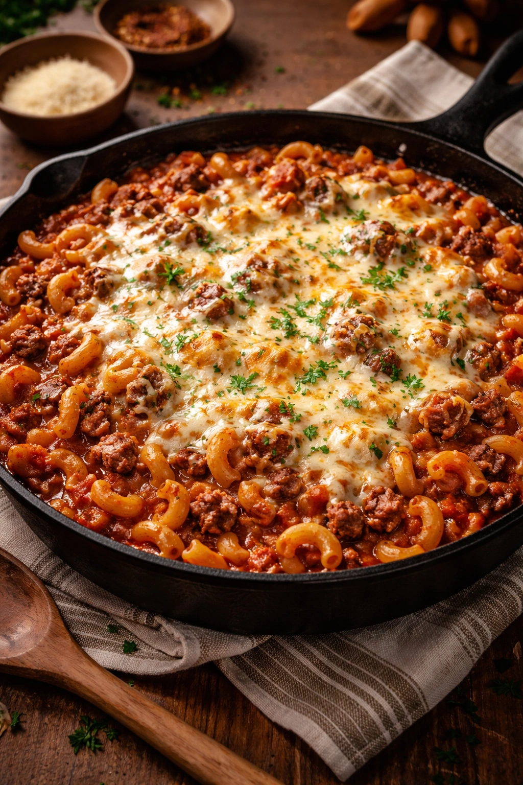Skillet of beefaroni with melted cheese in a home kitchen