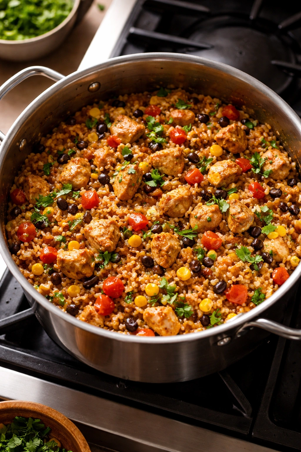 One-pot chicken burrito bowls in a single pot