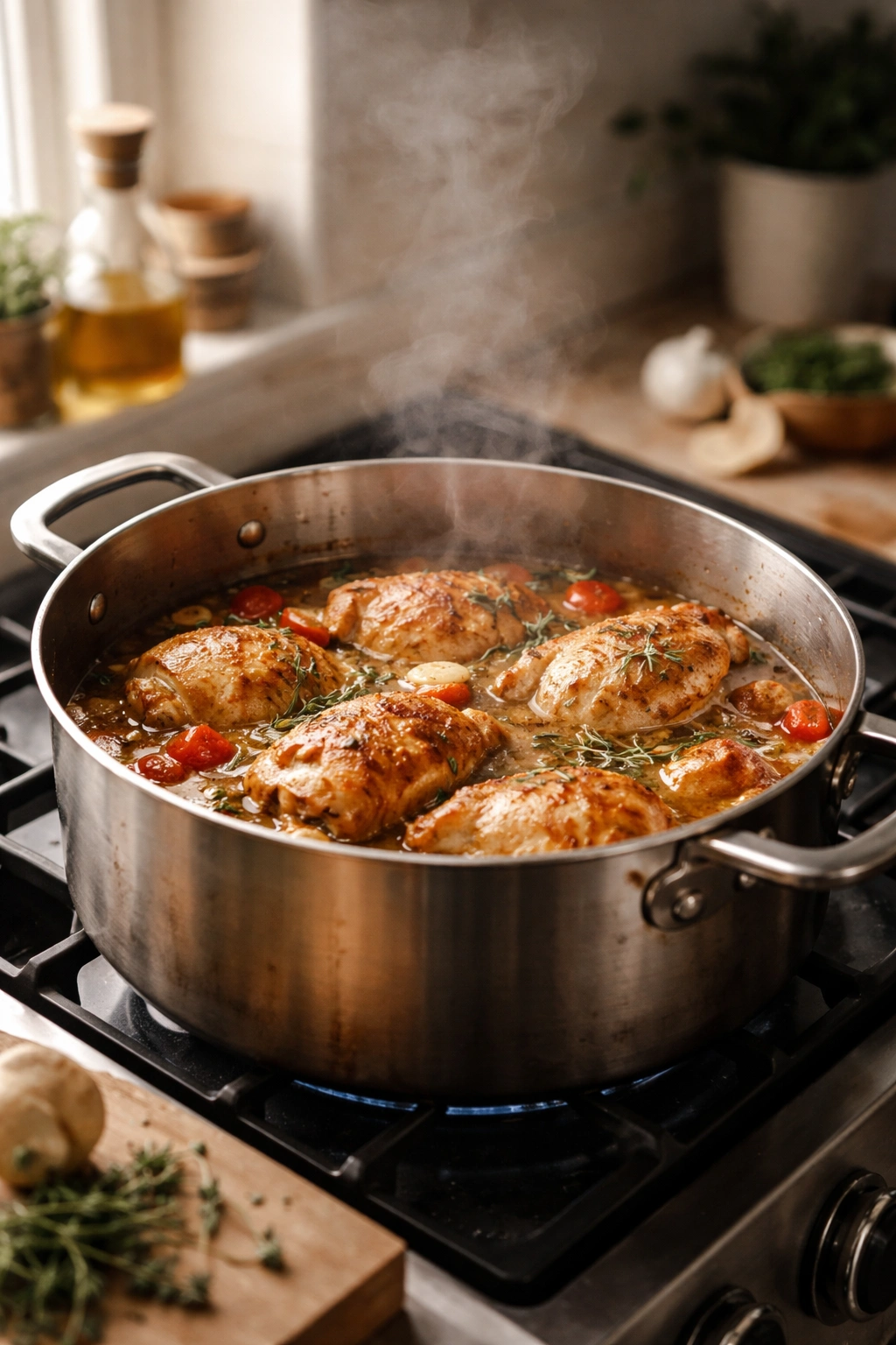 Close-up of a single pot with chicken simmering on a stove
