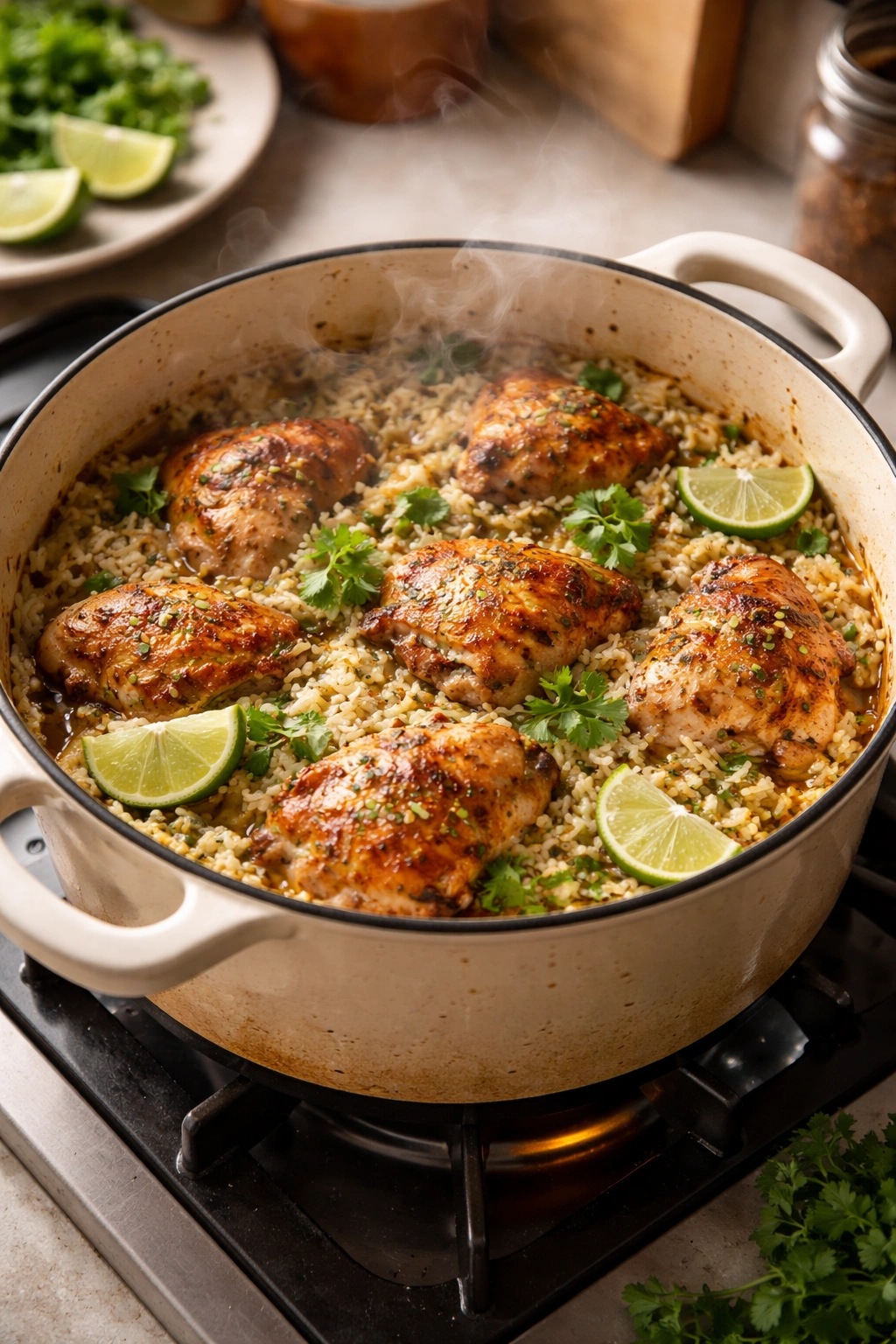 Close-up of a one-pot chicken and rice dish in a cast-iron pot with steam.