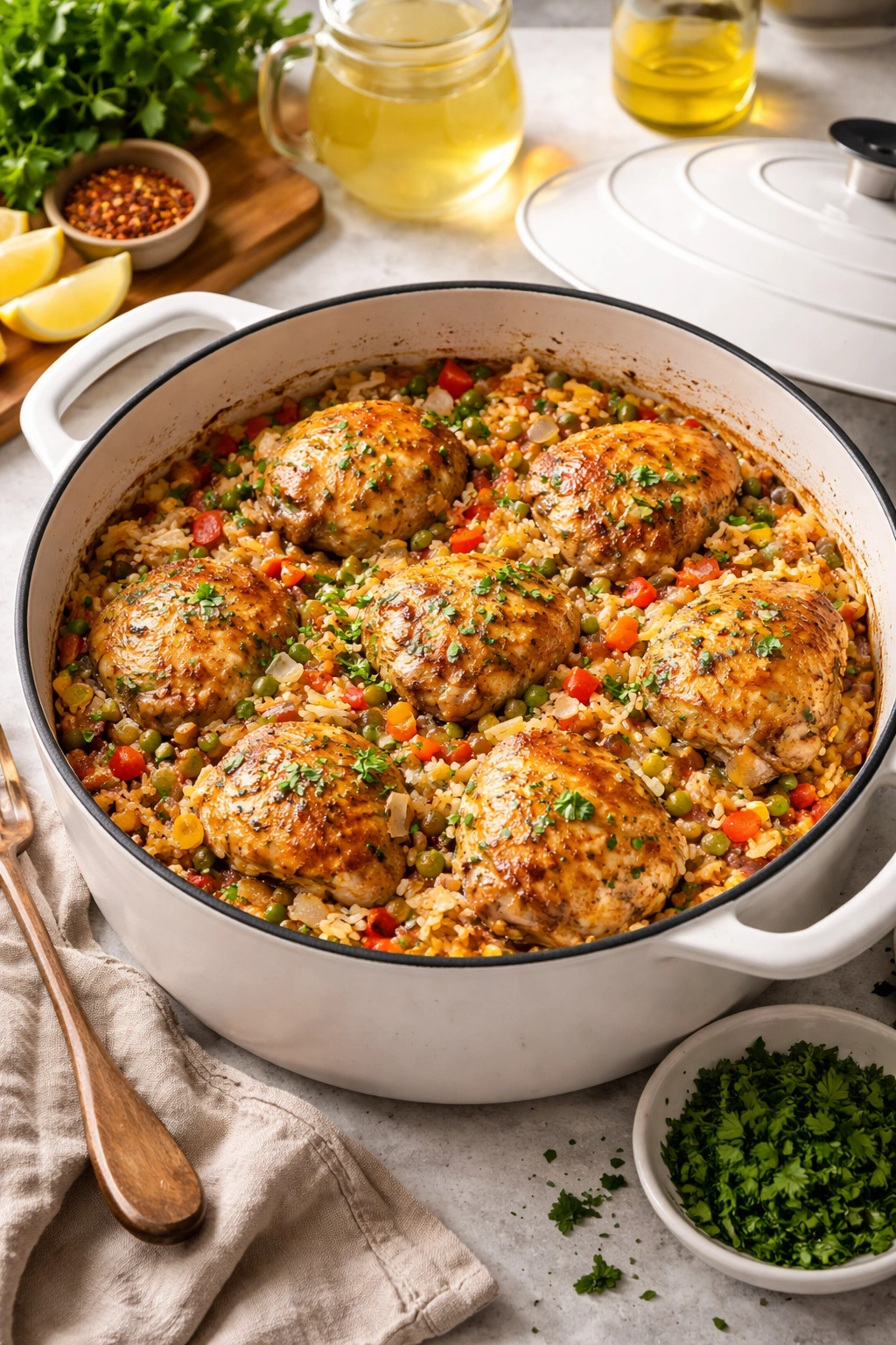 Colorful chicken, rice, onions and peppers simmering in a pot