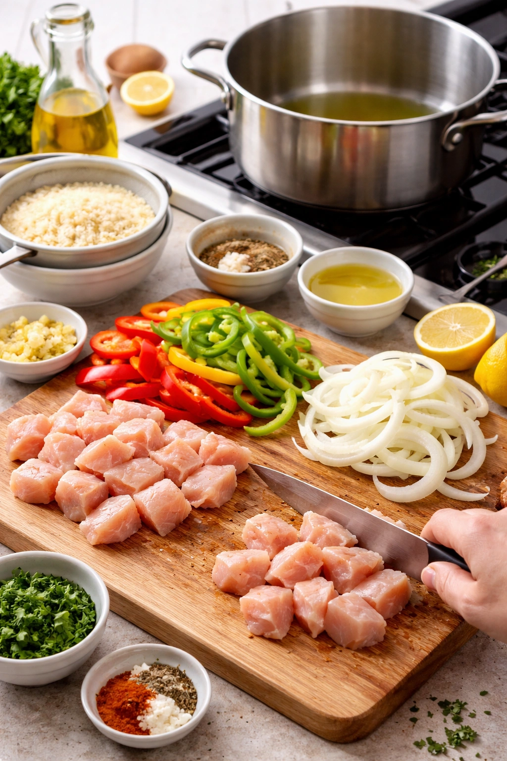 Chopping chicken and vegetables for One-Pot Chicken and Rice
