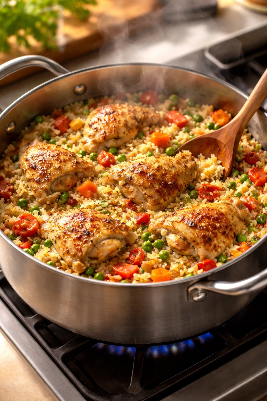 Close-up of a pot of chicken and rice with vegetables steaming in a home kitchen