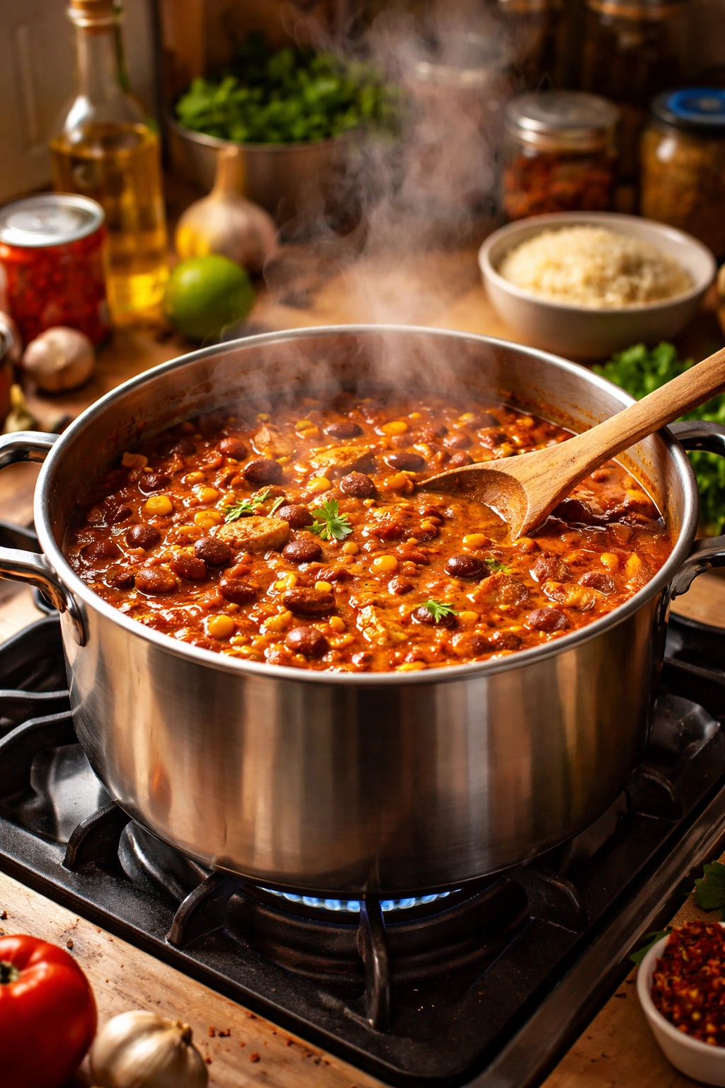 Stainless steel pot simmering on stove with steam and hearty curry or chili
