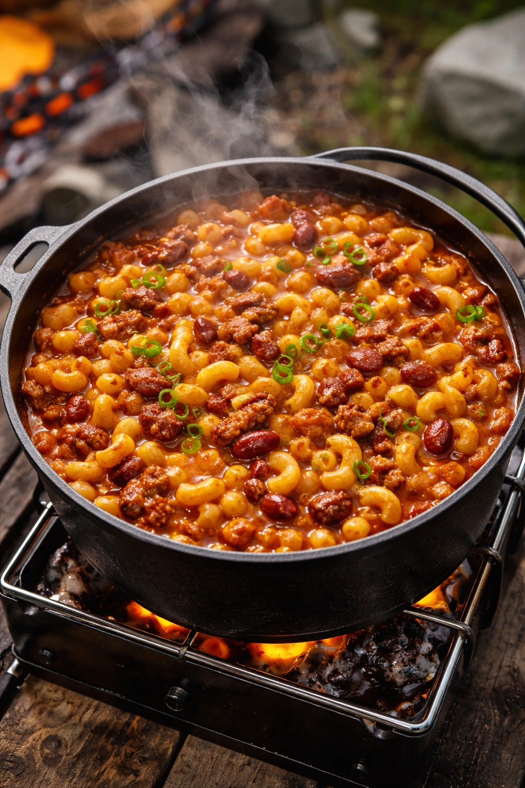 Pasta in chili in a single pot, steaming
