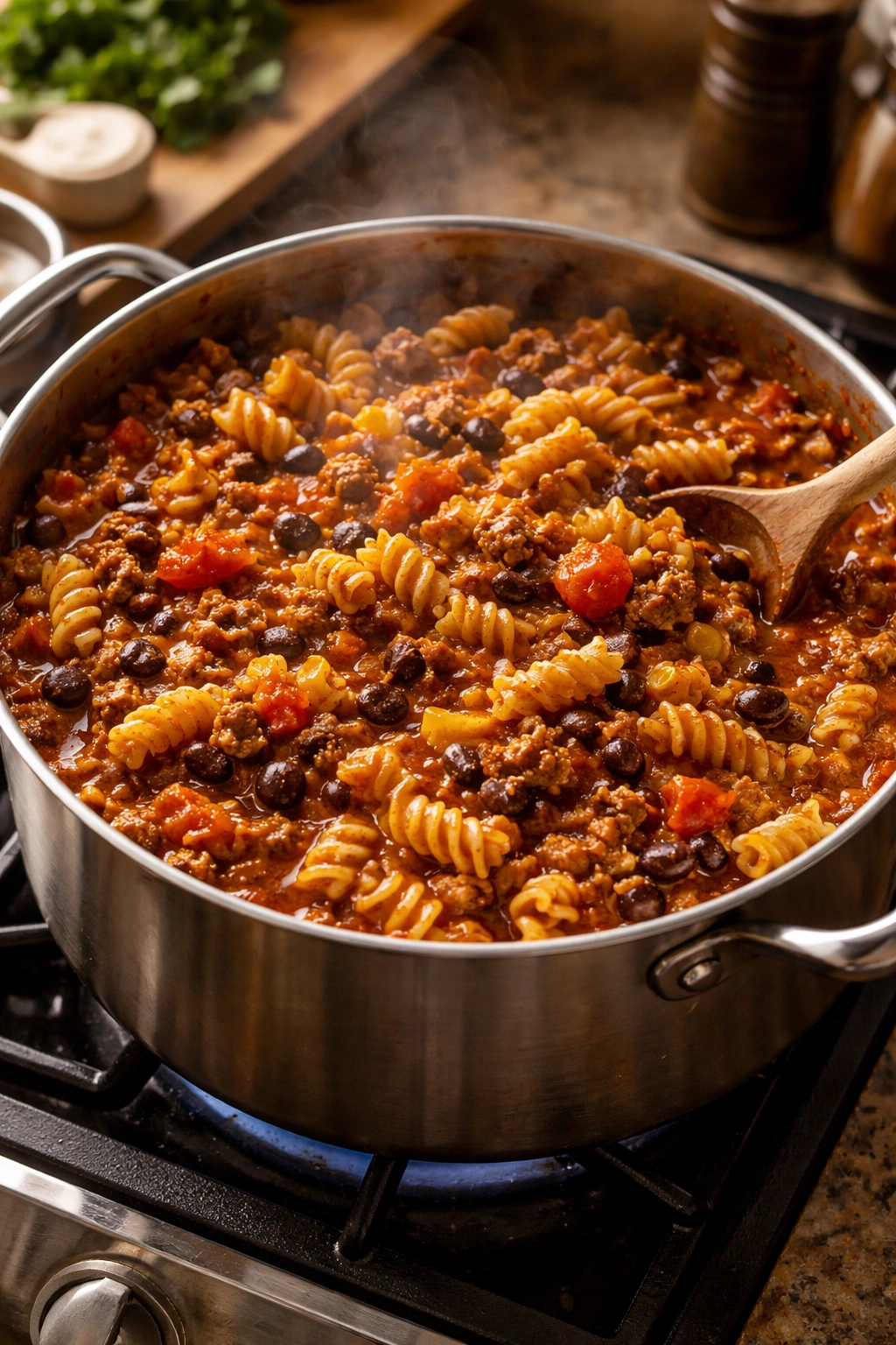 Close-up of bubbling one-pot chili pasta with beef and beans steaming on a stove