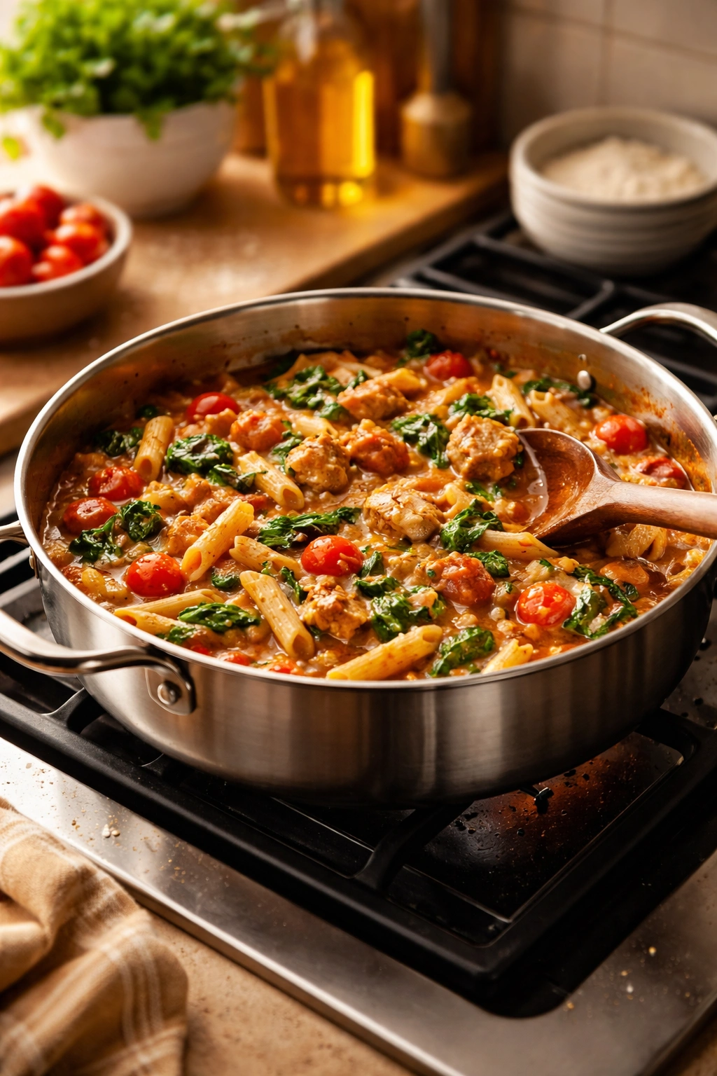 Single pot simmering on a stove showing a one-pot dinner
