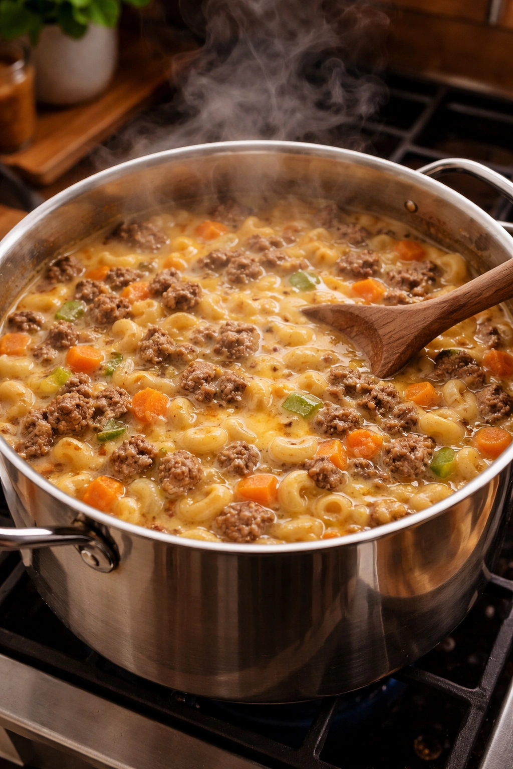 Pot on stove with beef, vegetables, and pasta simmering in creamy broth